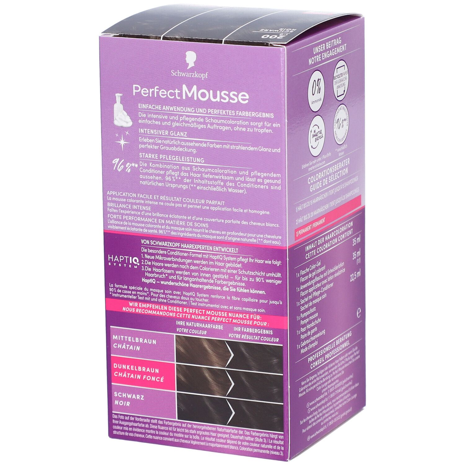 Schwarzkopf Perfect Mousse Verpackung. Produktmerkmale: einfacher Glanz, starke Pflege, Farbauswahl. Farbnuancen: Mittelbraun, Dunkelbraun, Schwarz.