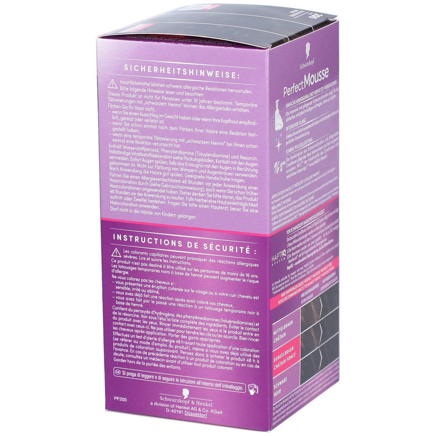 Sicherheits- und Anwendungshinweise auf der Verpackung von Schwarzkopf Perfect Mousse. Text in Deutsch und Französisch.