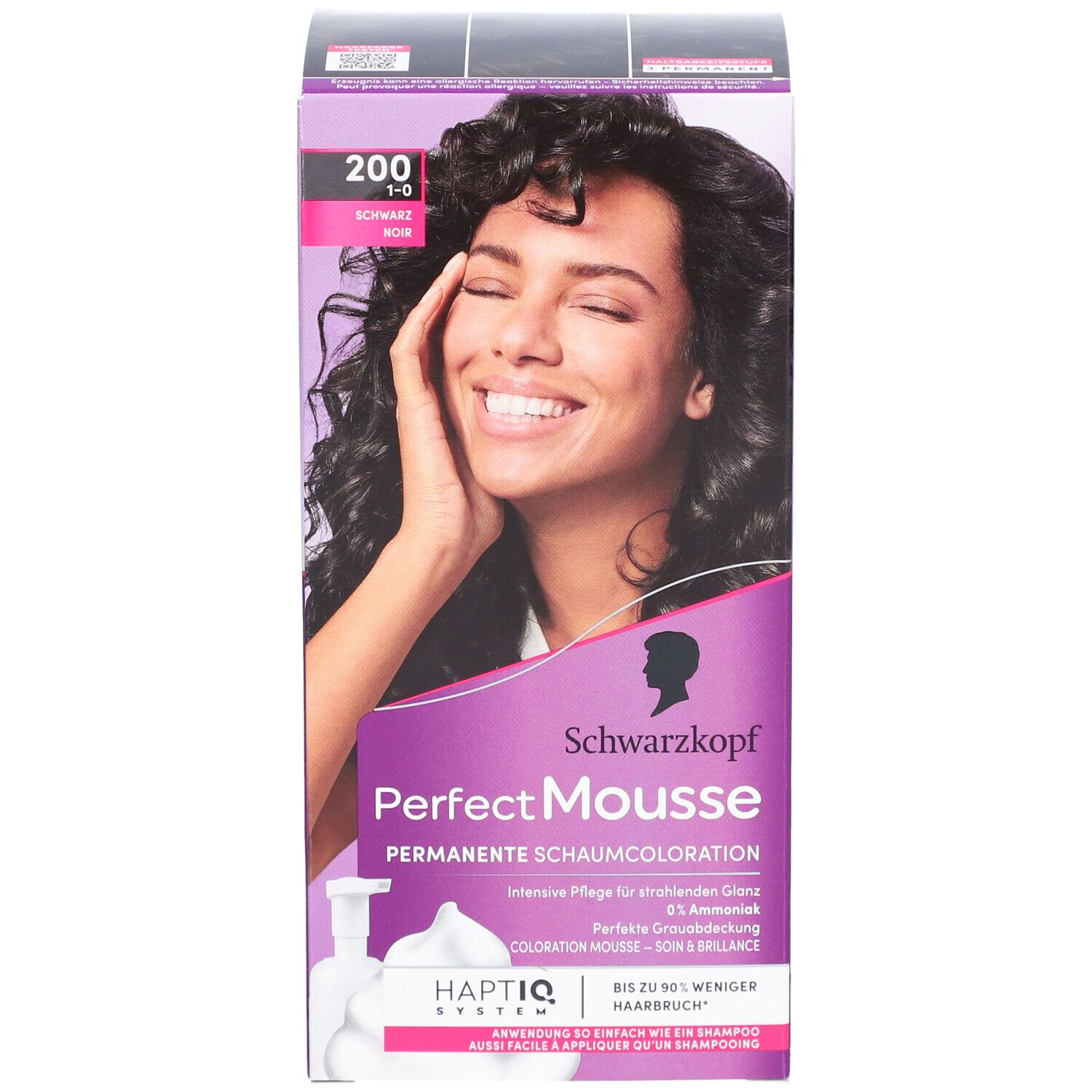 Schwarzkopf Perfect Mousse. Schwarze Haarfarbe. Frau mit schwarzen Haaren auf der Verpackung. Aufdruck: 200 Schwarz.
