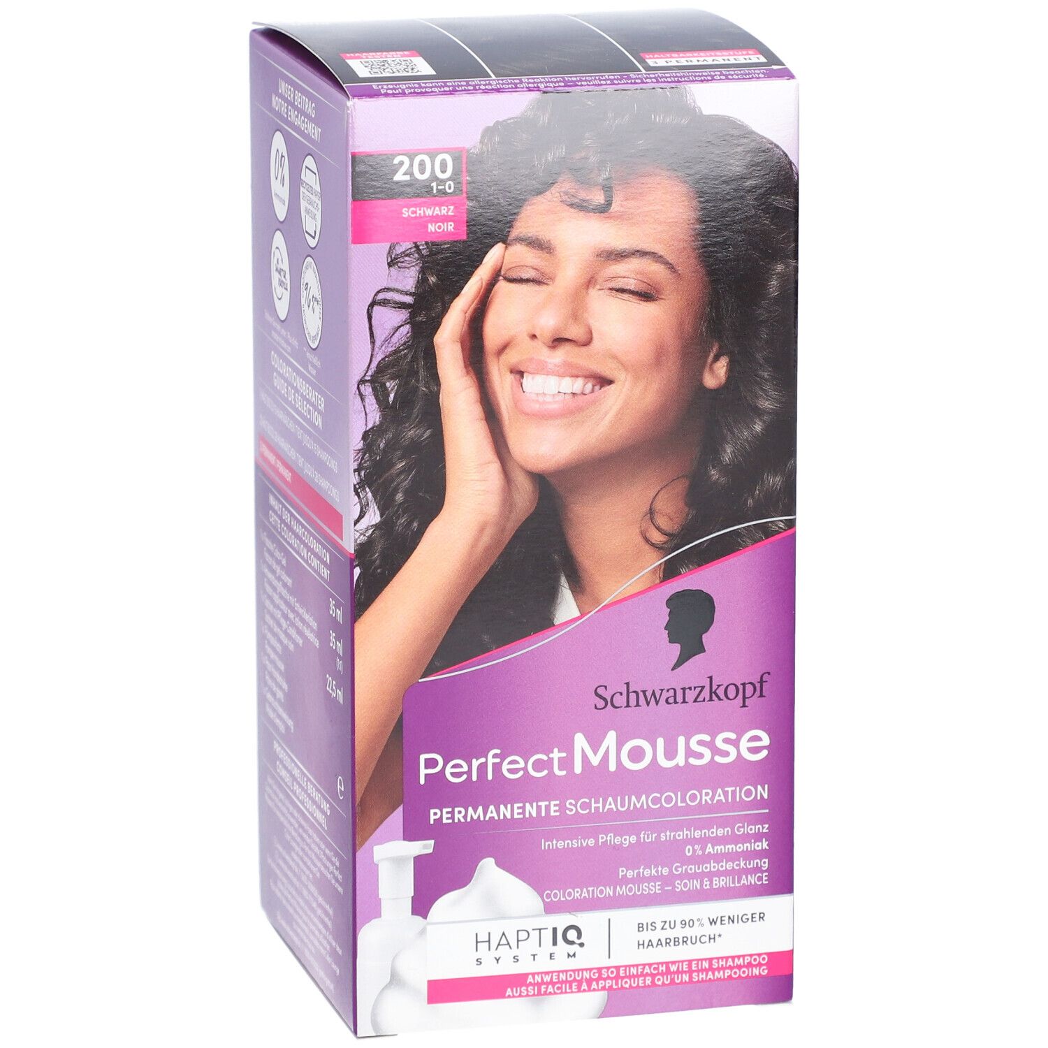 Schwarzkopf Perfect Mousse. Schwarze Haarfarbe. Frau mit schwarzen Haaren auf der Verpackung. Aufdruck: 200 Schwarz.