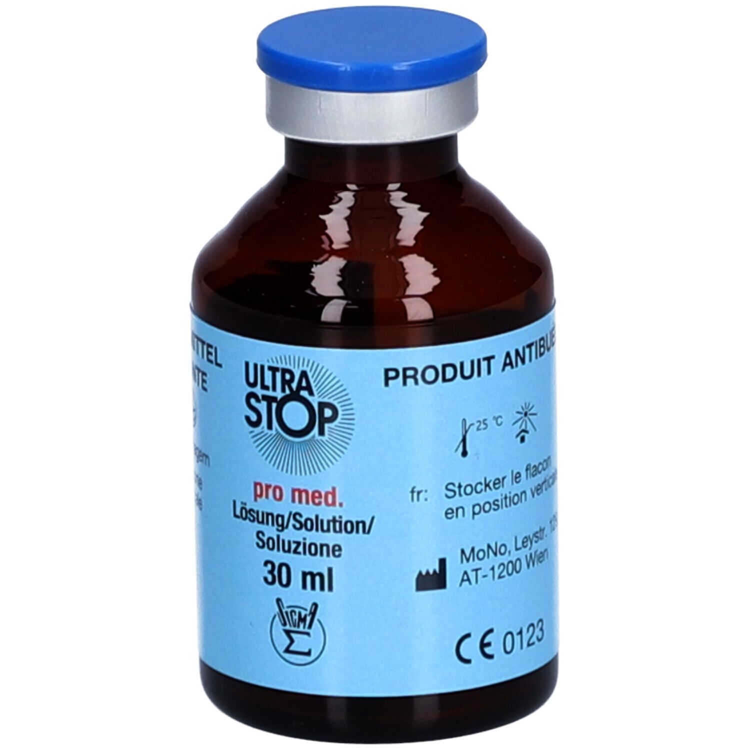 ULTRA STOP pro med. antibeschlagmittel Lösung/Solutione 30ml in brauner Glasflasche mit blauem Deckel.