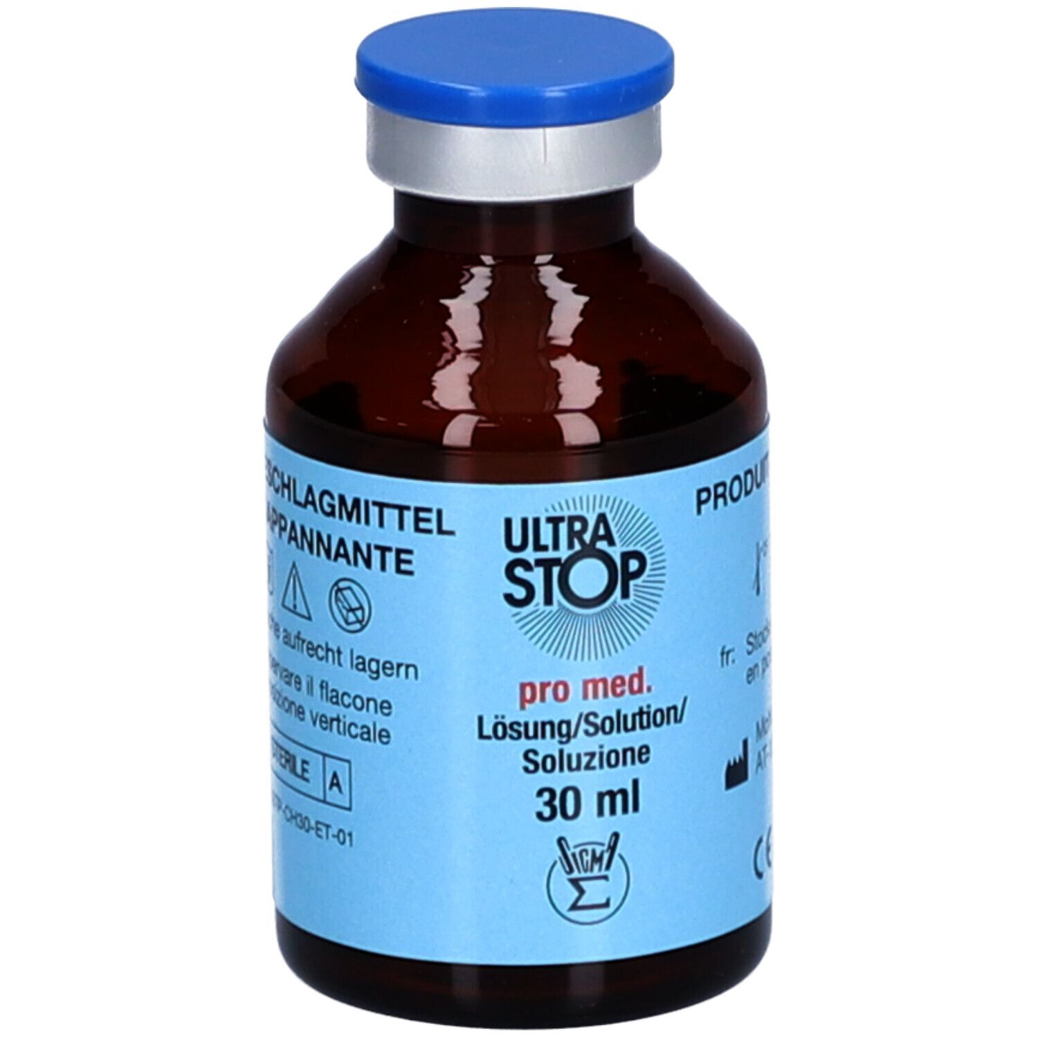 ULTRA STOP pro med. antibeschlagmittel, 30ml Lösung in brauner Glasflasche mit blauem Deckel.
