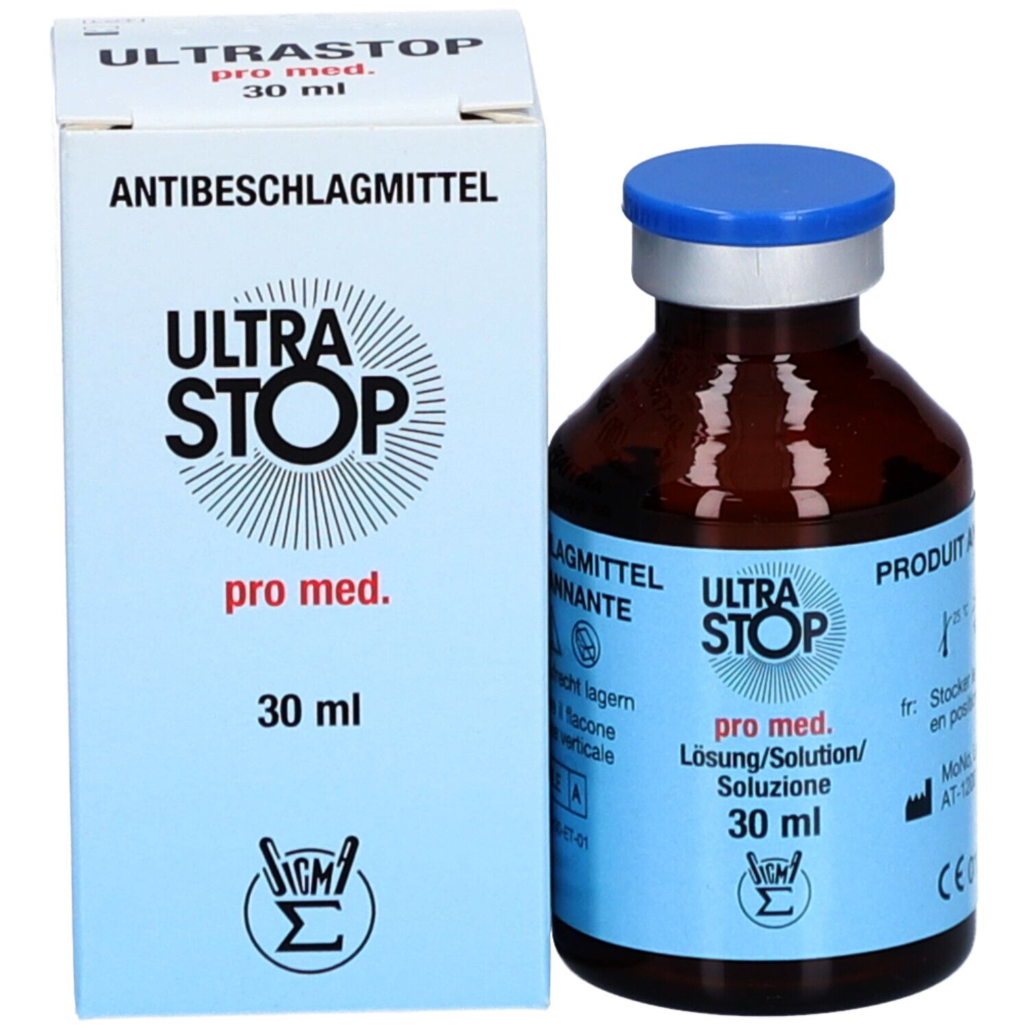 ULTRA STOP pro med. antibeschlagmittel, 30ml Lösung in brauner Glasflasche mit blauem Deckel.