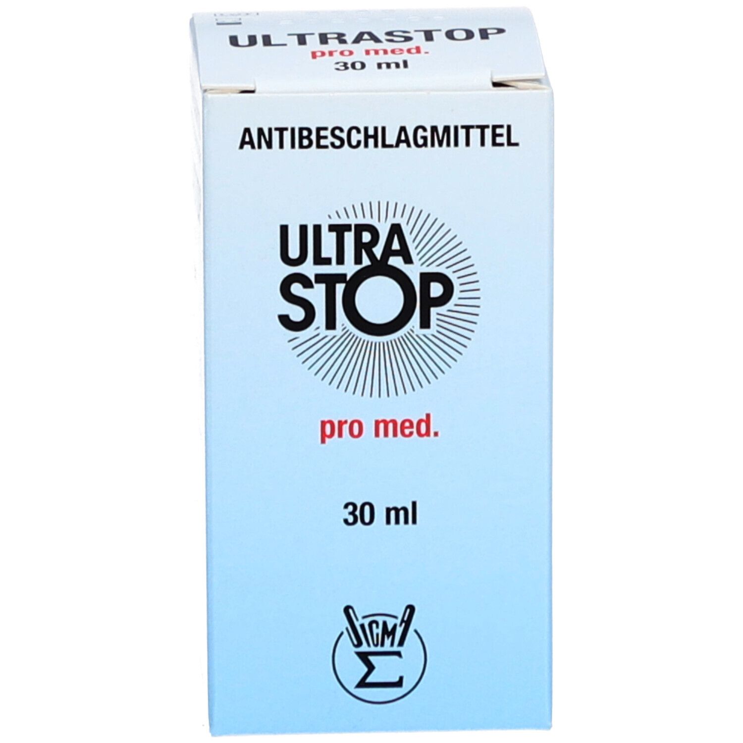 ULTRA STOP pro med. antibeschlagmittel, 30ml Lösung in brauner Glasflasche mit blauem Deckel.