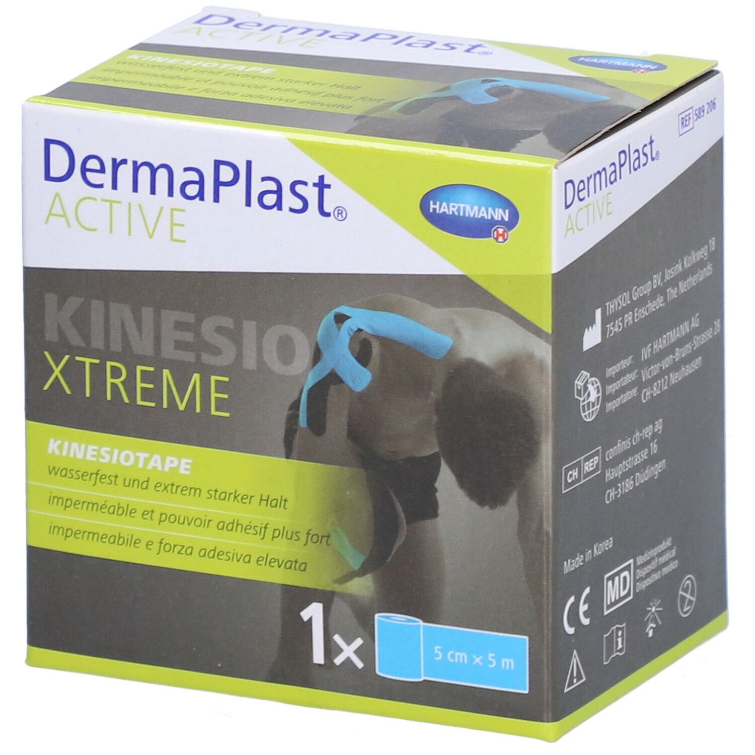 Dermaplast Aktiv Kinesio Xtreme Tape, blaue Rolle, 5cm x 5m, in Verpackung. Wasserfest und starker Halt.