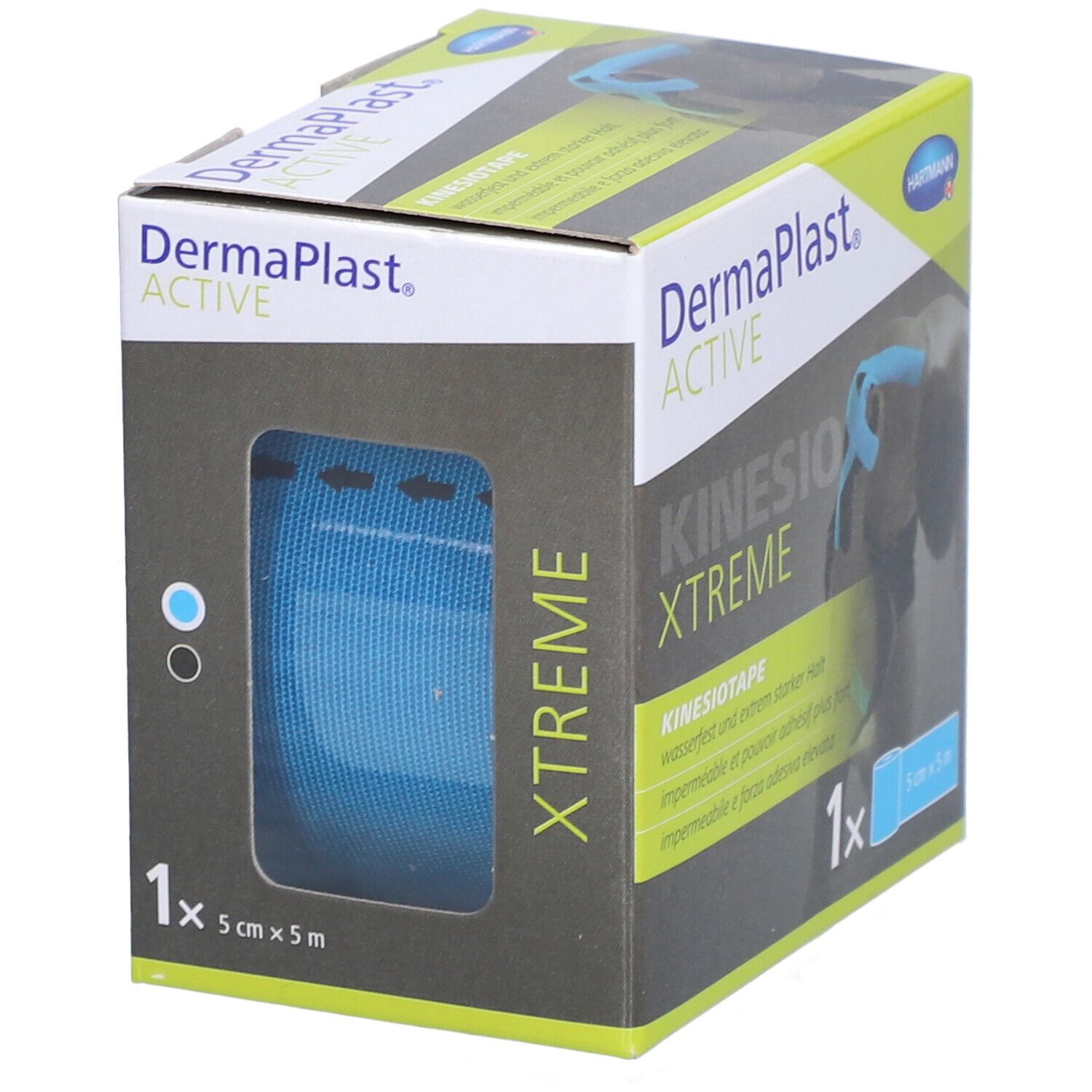 Dermaplast Aktiv Kinesio Xtreme Tape, blaue Rolle sichtbar durch Verpackung. 5cm x 5m. Wasserfest.