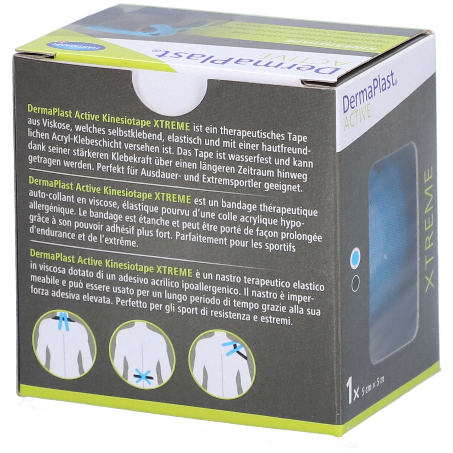 Verpackung Dermaplast Aktiv Kinesio Xtreme Tape. Text in Deutsch, Französisch und Italienisch. 5cm x 5m. Wasserfest.