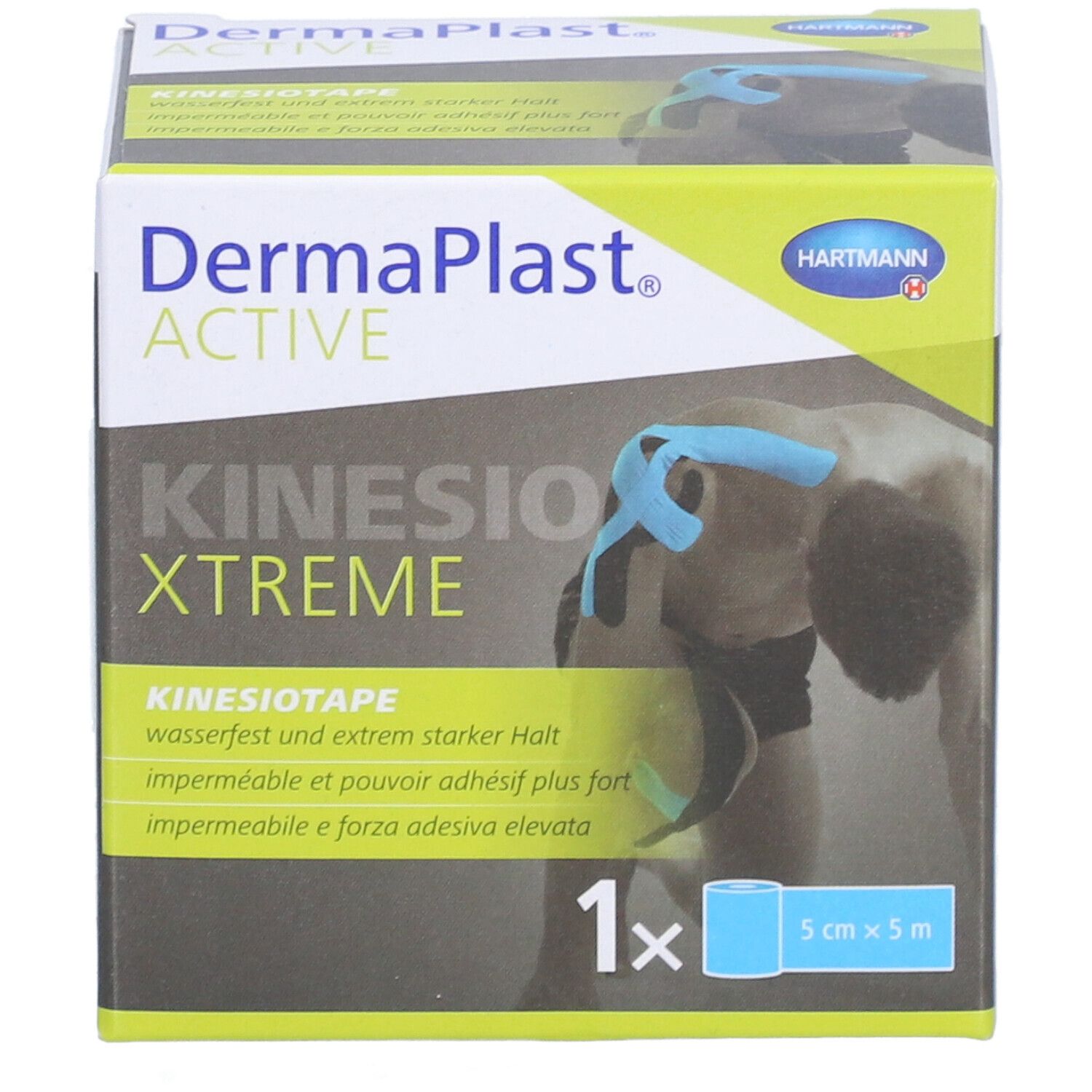 Dermaplast Aktiv Kinesio Xtreme Tape, blaue Rolle, 5cm x 5m, in Verpackung. Wasserfest und starker Halt.
