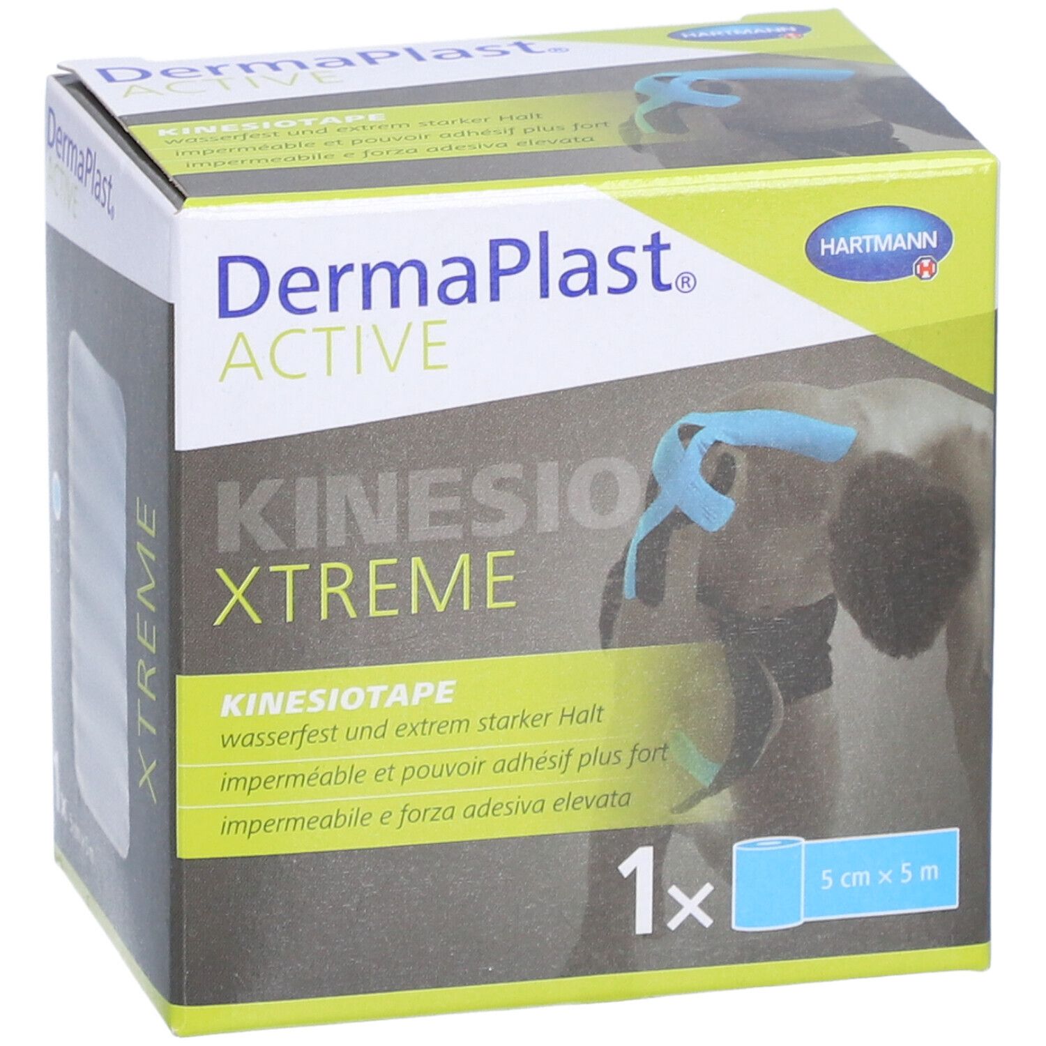 Dermaplast Aktiv Kinesio Xtreme Tape, blaue Rolle, 5cm x 5m, in Verpackung. Wasserfest und starker Halt.