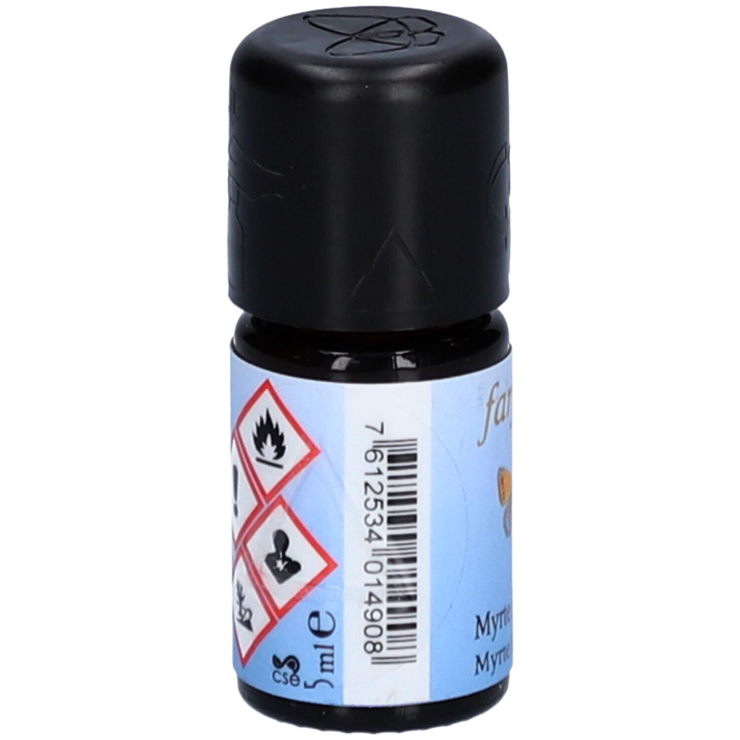 Kleine Glasflasche mit schwarzem Deckel. Etikett mit Gefahrensymbolen, Barcode und Text: 5 ml.