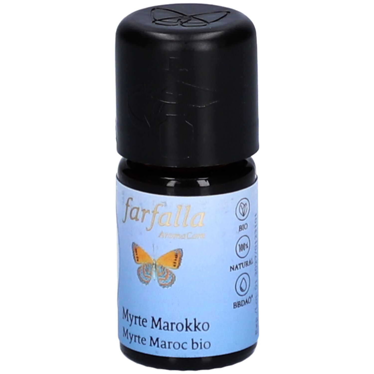 Kleine Glasflasche mit schwarzem Deckel. Etikett: farfalla, Myrte Marokko, Schmetterling, Bio-Siegel.