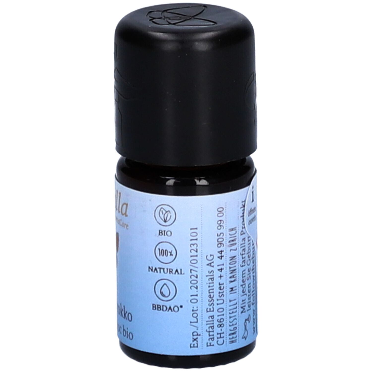 Kleine Glasflasche mit schwarzem Deckel. Etikett: farfalla, Myrte Marokko, Bio-Siegel, 100% Natural.