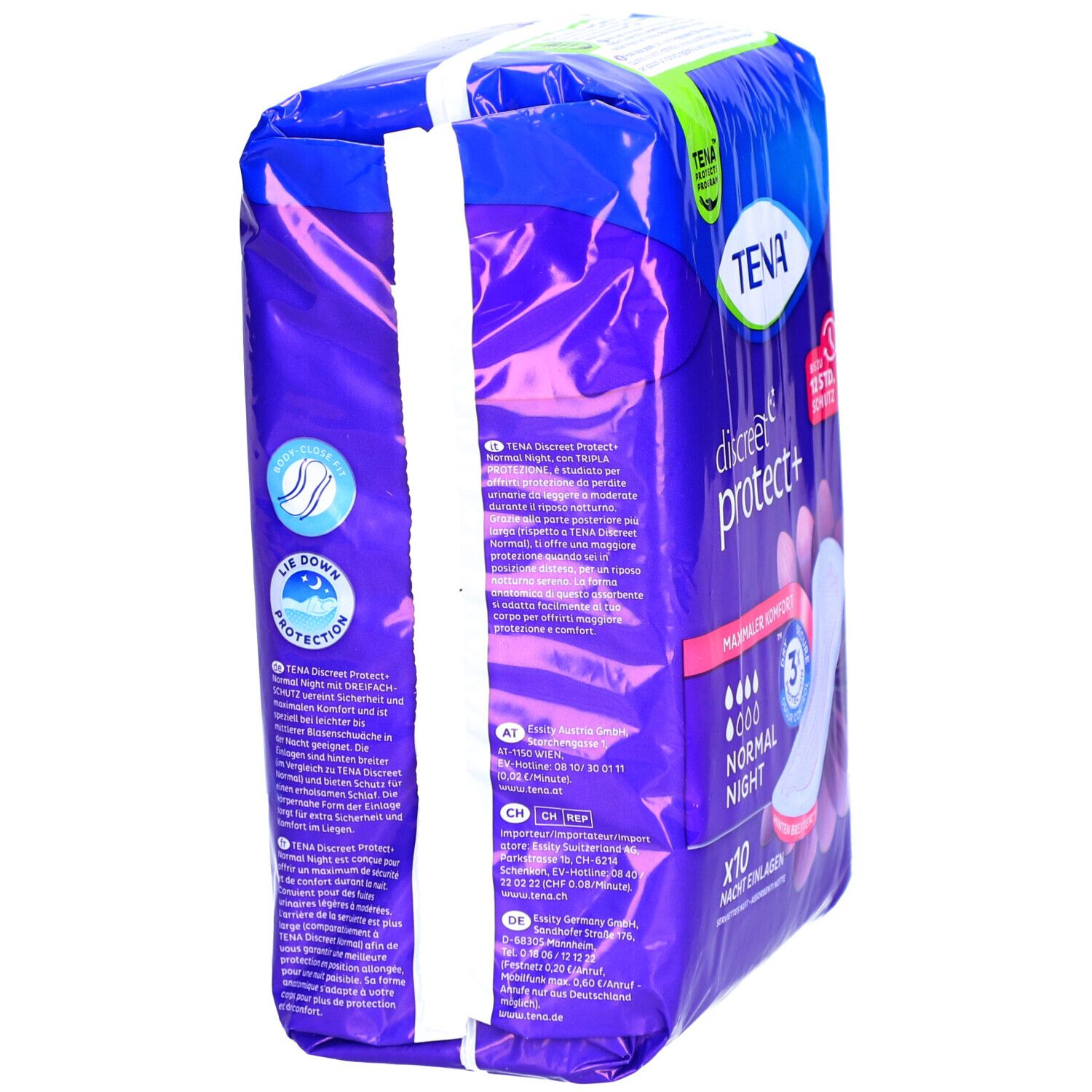 Seitenansicht der TENA Discreet Protect+ Normal Night Verpackung. Text: Discreet protect+, Normal Night, 10 Stück.