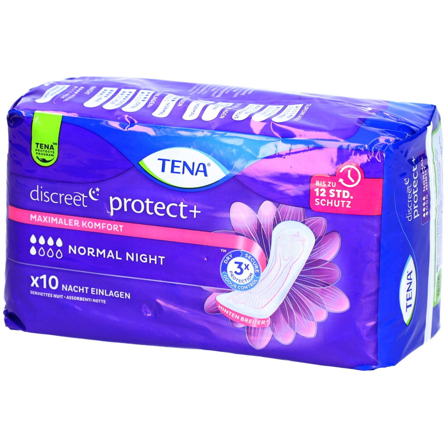 TENA Discreet Protect+ Normal Night Verpackung. Enthält 10 Nachteinlagen. Mit Produktabbildung und floralem Design.