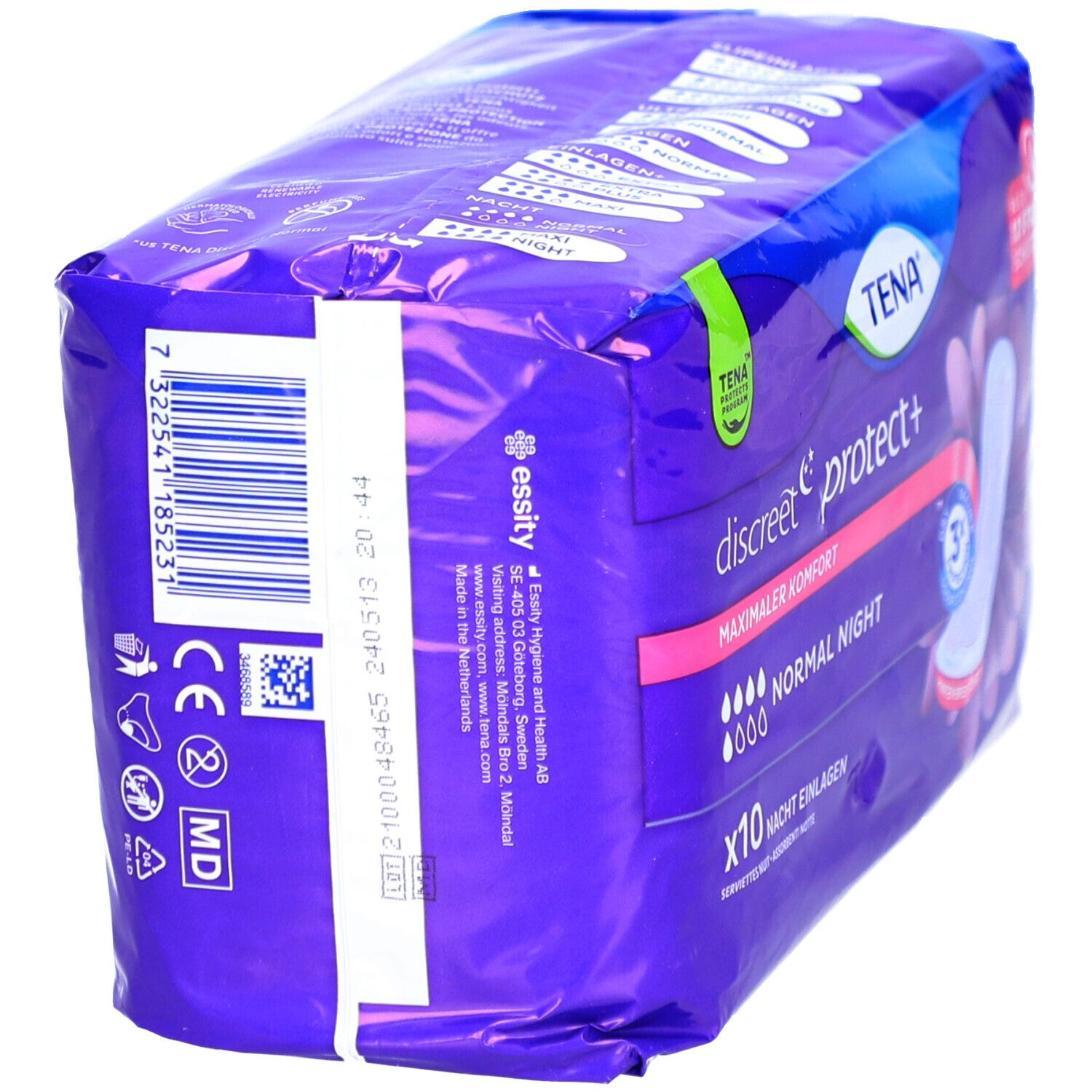 Seitenansicht der TENA Discreet Protect+ Verpackung. Produktinformationen und Logos. Enthält 10 Stück.