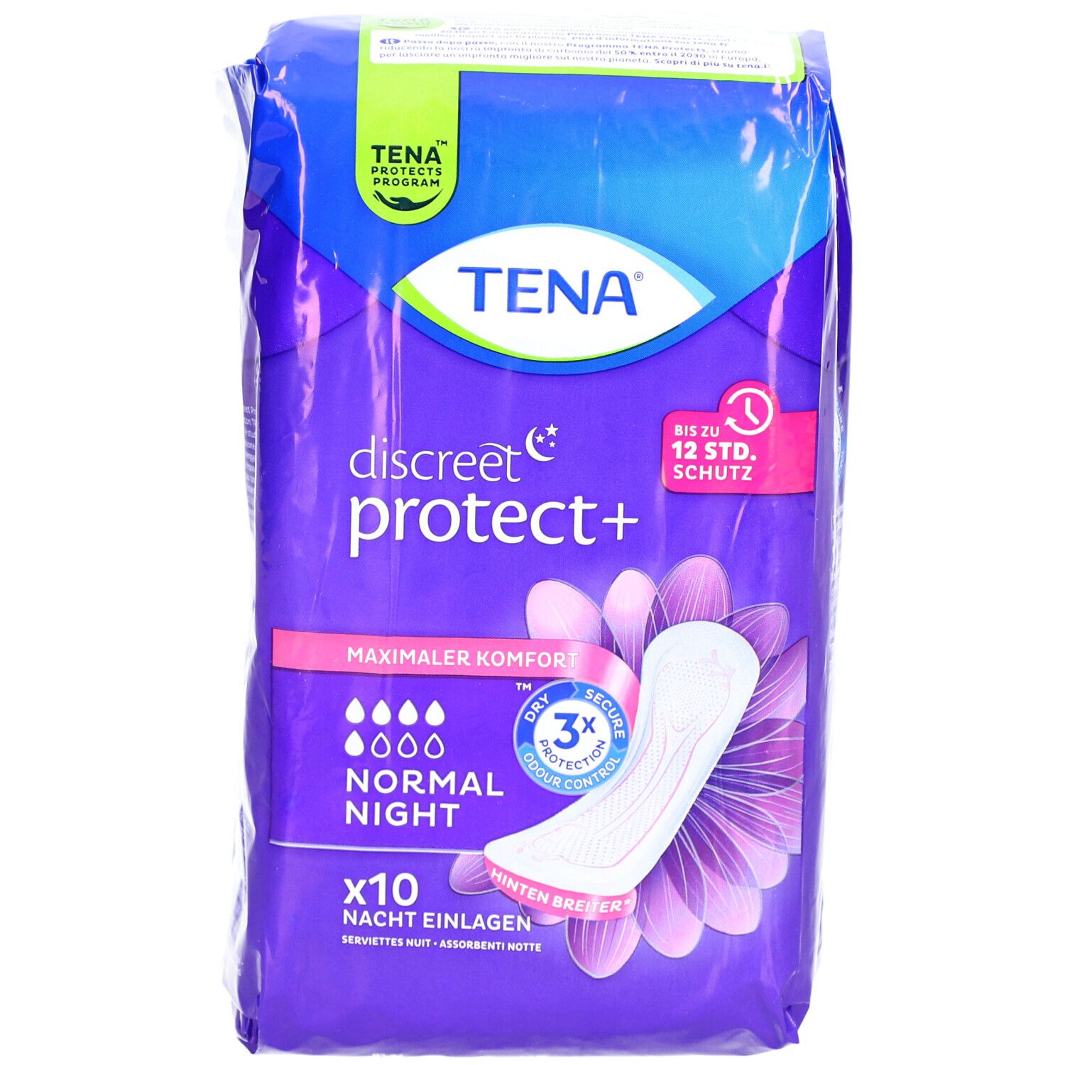 TENA Discreet Protect+ Normal Night Verpackung. 10 Nachteinlagen. Mit Produktabbildung und floralem Design.