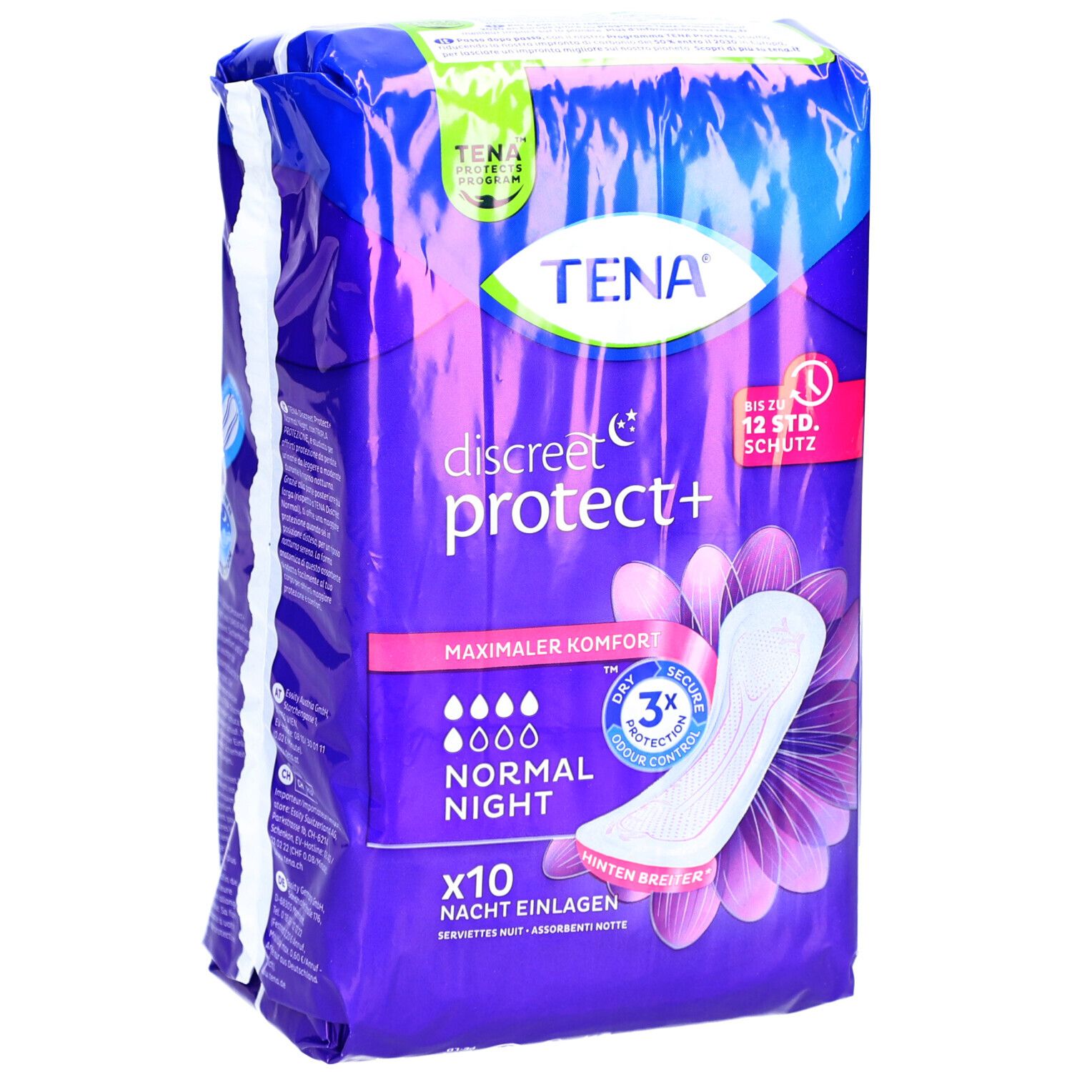 TENA Discreet Protect+ Normal Night Verpackung. Enthält 10 Nachteinlagen. Mit Produktabbildung und floralem Design.