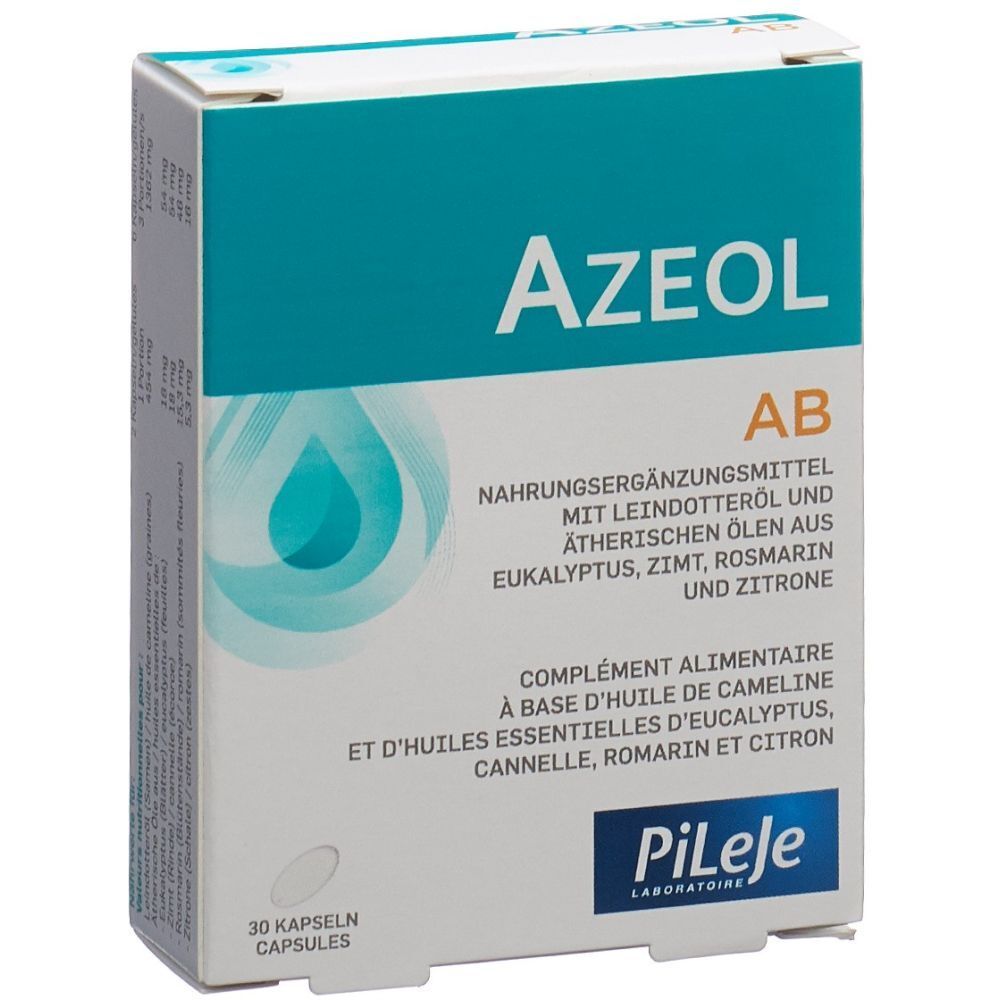 Boîte PiLeje AZEOL AB. Carton blanc, couvercle turquoise. Texte: Complément alimentaire, 30 gélules. Logo PiLeje.