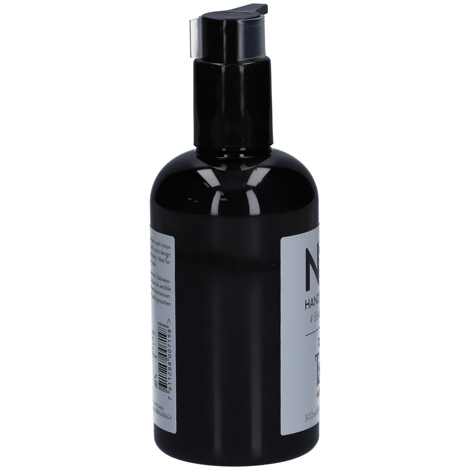 Schwarze Flasche mit Pumpverschluss. Seitenansicht mit Etikett und Barcode.