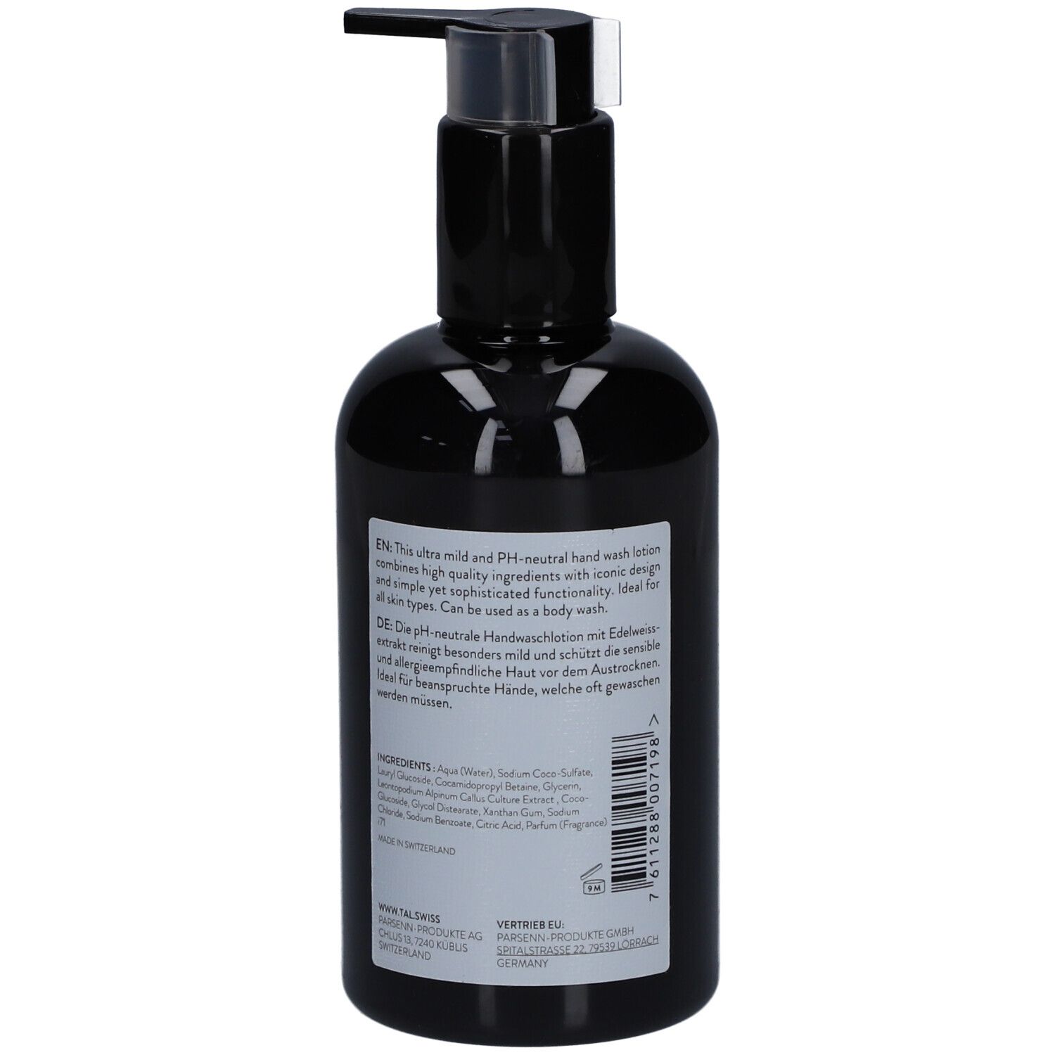 Rückseite der schwarzen Flasche mit Pumpverschluss. Text auf Etikett: Inhaltsstoffe, Beschreibung.