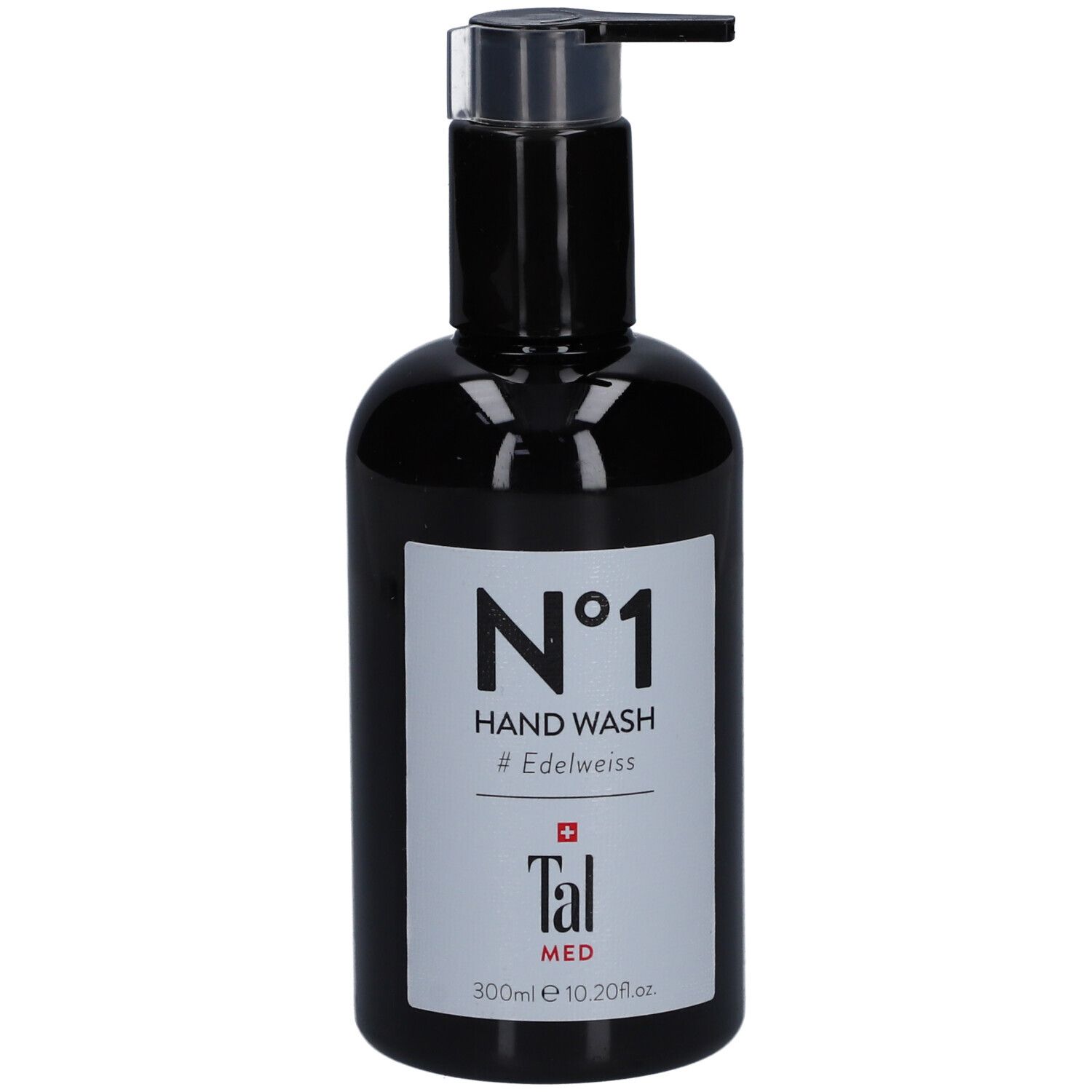 Schwarze Flasche mit Pumpverschluss. Aufkleber mit "N°1 HAND WASH #Edelweiss" und "Tal MED".