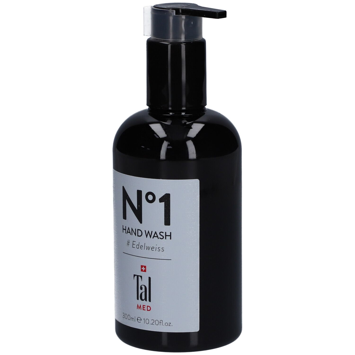 Schwarze Flasche mit Pumpverschluss. Aufkleber mit "N°1 HAND WASH #Edelweiss" und "Tal MED".