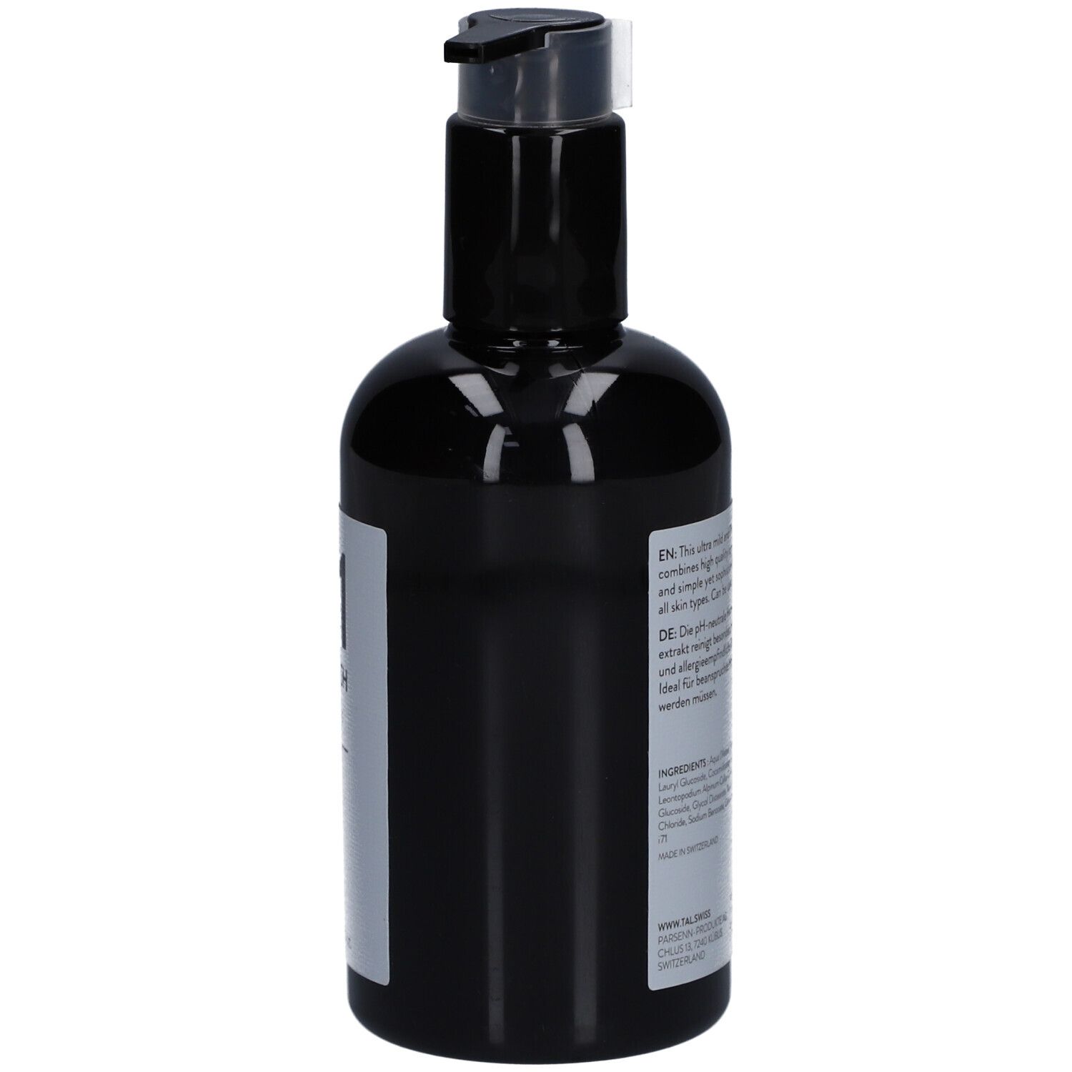 Schwarze Flasche mit Pumpverschluss. Seitenansicht mit Etikett und Text.