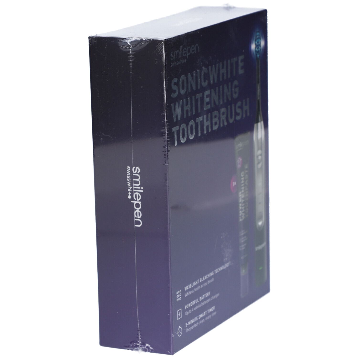 Verpackte Produktbox mit Sonicwhite Whitening Zahnbürste. Aufschrift: smilepen, Sonicwhite Whitening Toothbrush.