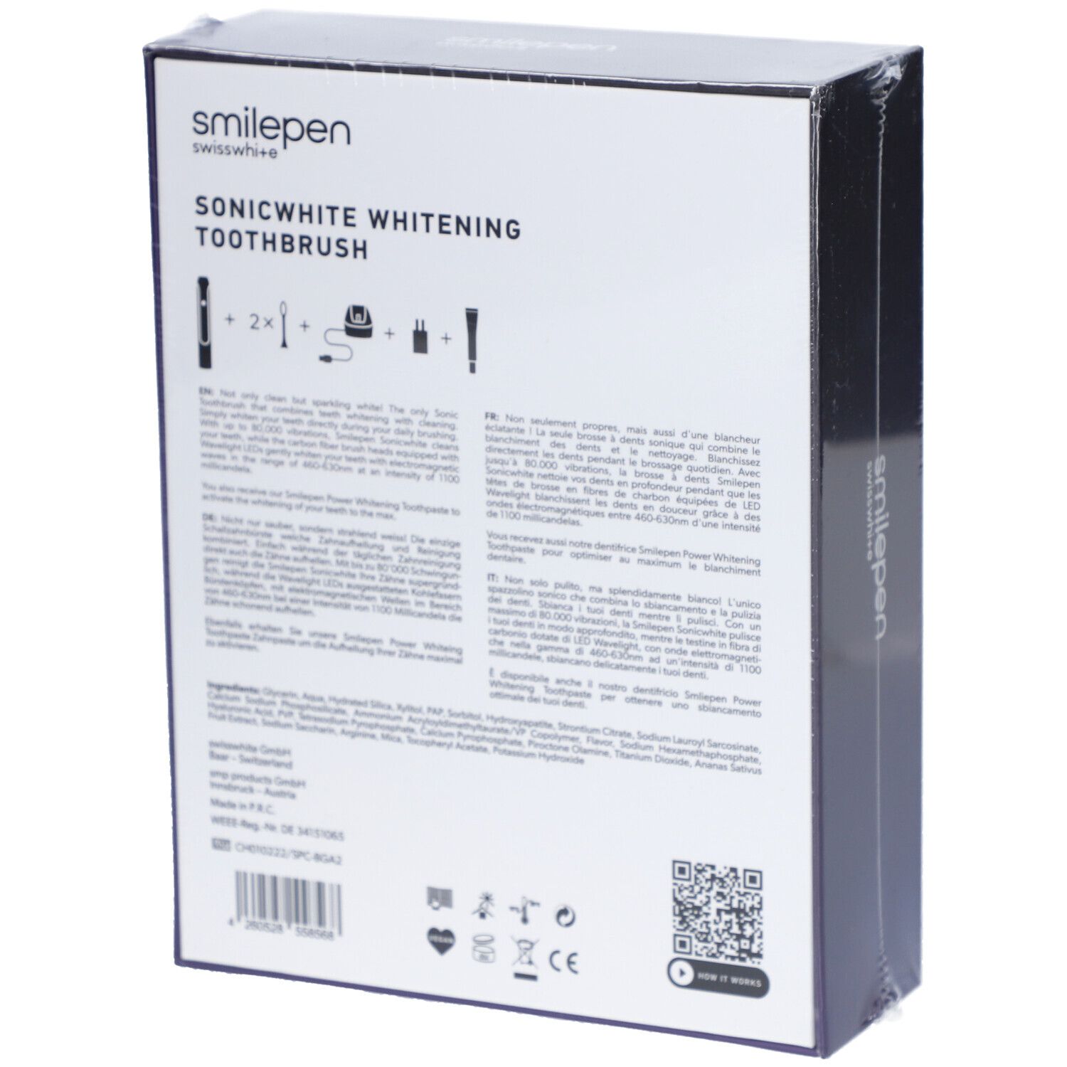 Rückseite der Produktbox mit Text und Icons. Aufschrift: smilepen, Sonicwhite Whitening Toothbrush. Enthält Informationen.