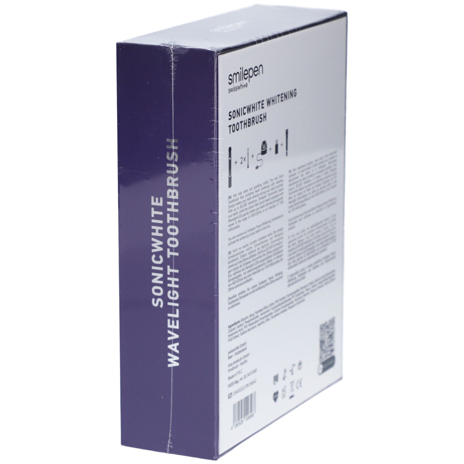 Produktbox mit Text und Icons. Aufschrift: smilepen, Sonicwhite Whitening Toothbrush. Enthält Informationen.