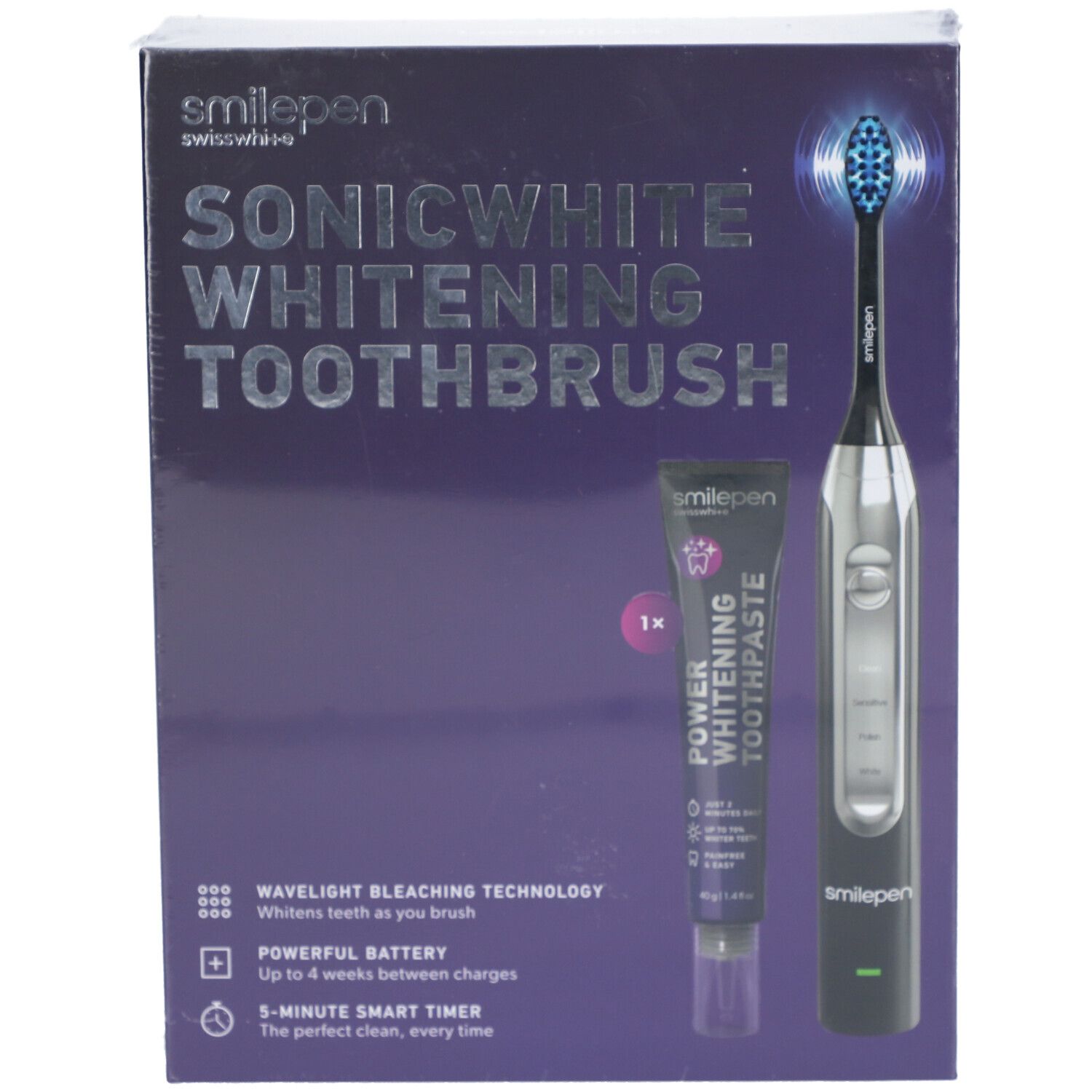 Verpackung mit Sonicwhite Whitening Zahnbürste, Zahnpasta. Aufschrift: smilepen, Sonicwhite Whitening Toothbrush, Power Whitening Toothpaste.