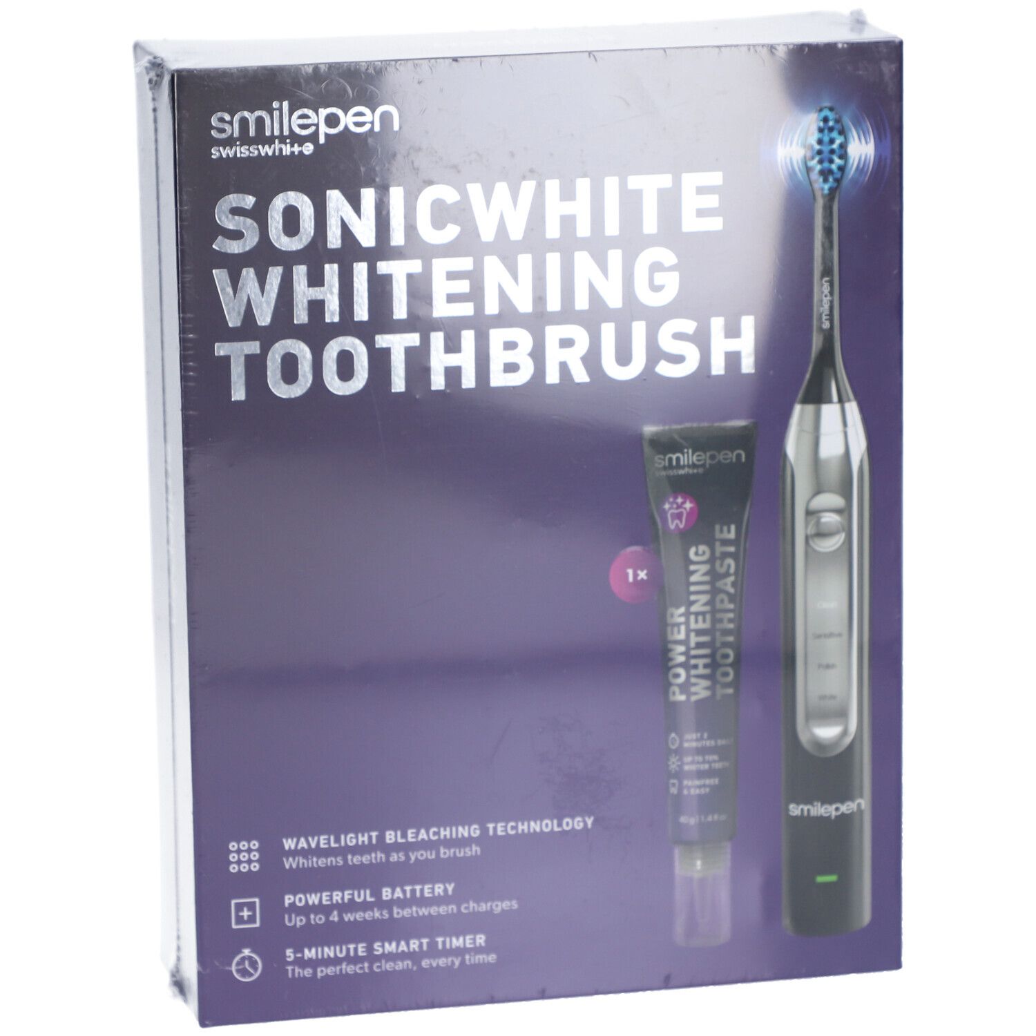 Verpackung mit Sonicwhite Whitening Zahnbürste, Zahnpasta. Aufschrift: smilepen, Sonicwhite Whitening Toothbrush, Power Whitening Toothpaste.