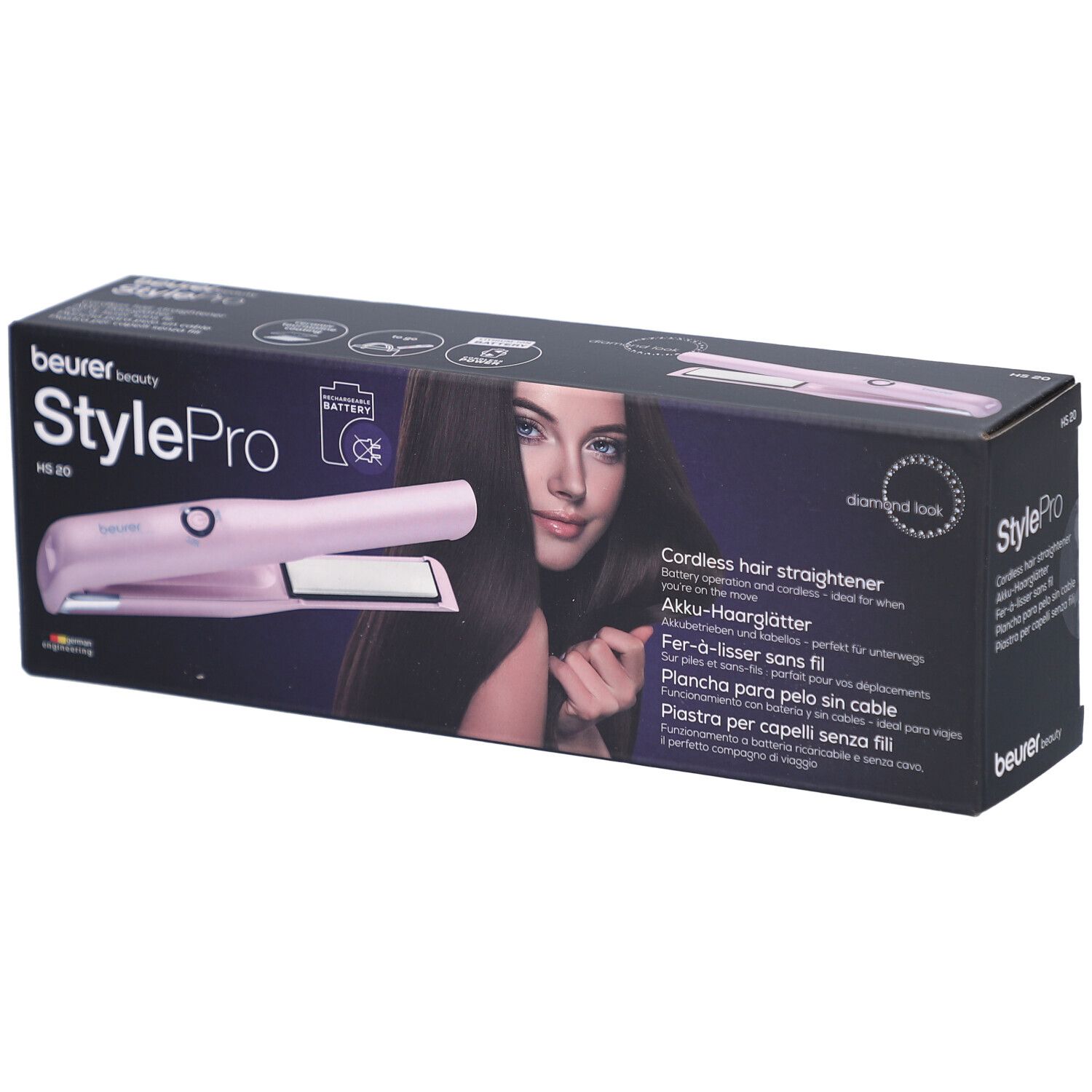 Beurer StylePro HS 20 Akku-Haarglätter in Verpackung. Pinkes Gerät, Frau mit langen Haaren. Text: Cordless hair straightener.