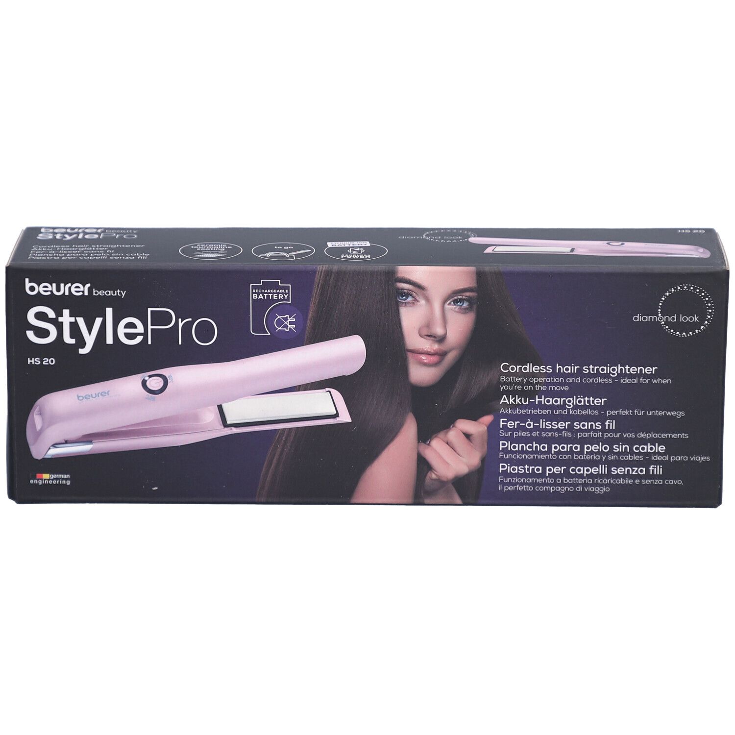 Beurer StylePro HS 20 Akku-Haarglätter in Verpackung. Pinkes Gerät, Frau mit langen Haaren. Text: Cordless hair straightener.