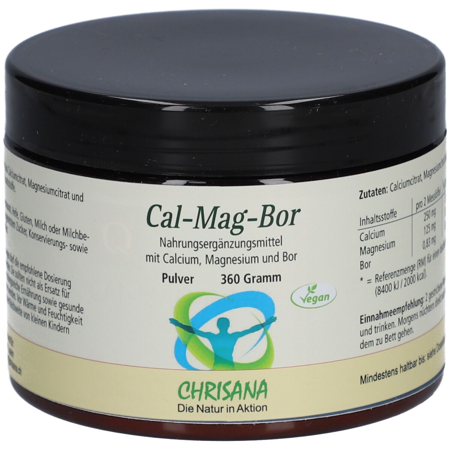 Braune Dose mit schwarzem Deckel. Aufschrift: Cal-Mag-Bor, Nahrungsergänzungsmittel mit Calcium, Magnesium und Bor. Vegan-Siegel. Marke: Chrisana.