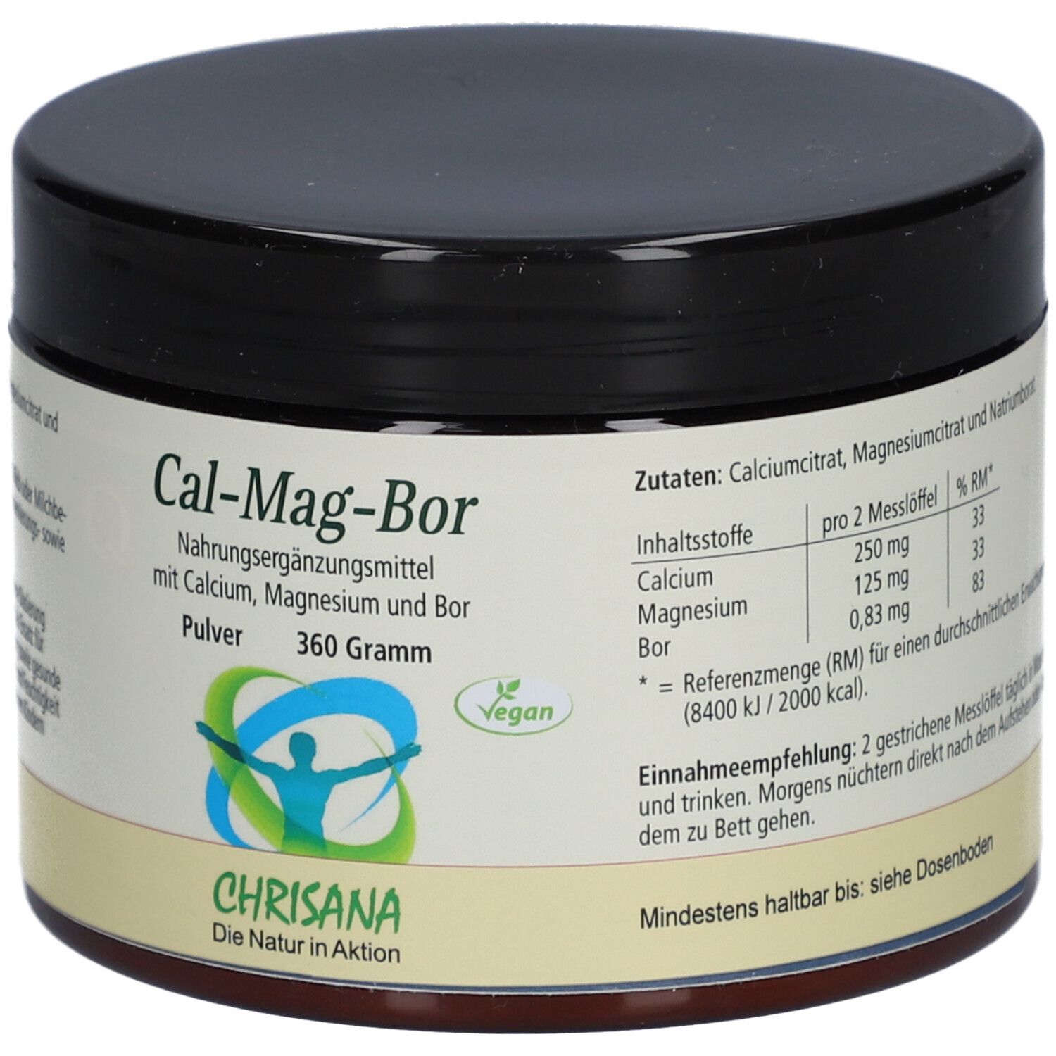 Braune Dose mit schwarzem Deckel. Aufschrift: Cal-Mag-Bor, Nahrungsergänzungsmittel mit Calcium, Magnesium und Bor. Vegan-Siegel. Nährwertangaben.