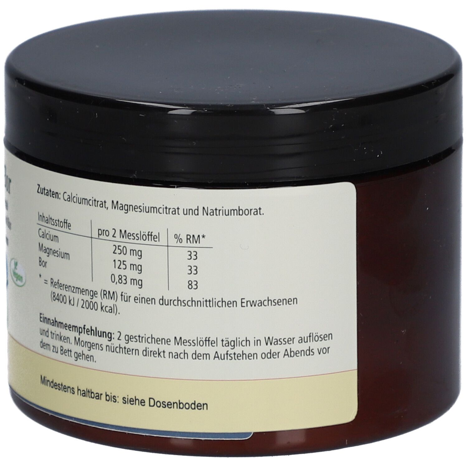 Braune Dose mit schwarzem Deckel. Aufschrift: Cal-Mag-Bor, Nahrungsergänzungsmittel mit Calcium, Magnesium und Bor. Vegan-Siegel. Nährwertangaben und Dosierung.