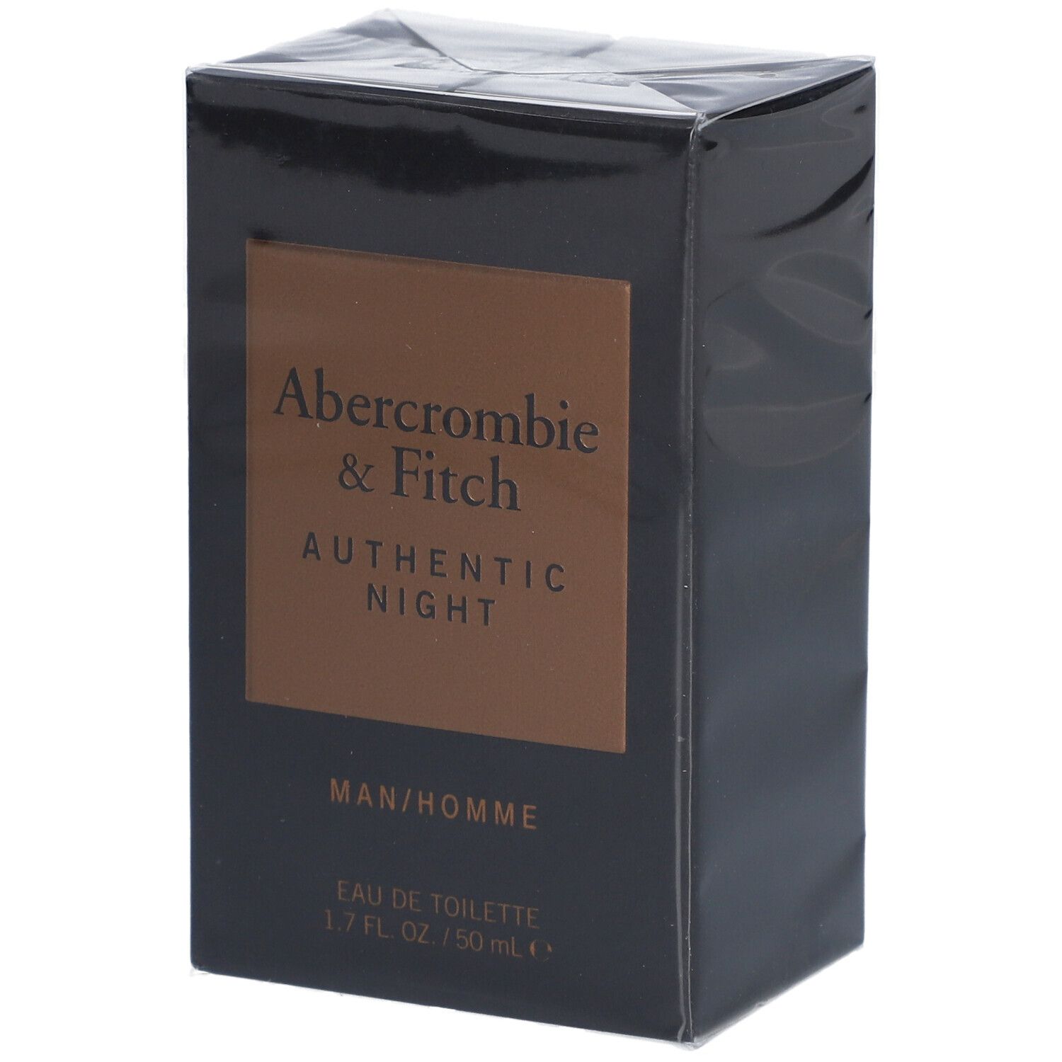 Schwarzer Karton mit Abercrombie & Fitch Authentic Night. Aufschrift: MAN/HOMME, Eau de Toilette, 1.7 FL. OZ. / 50 mL.