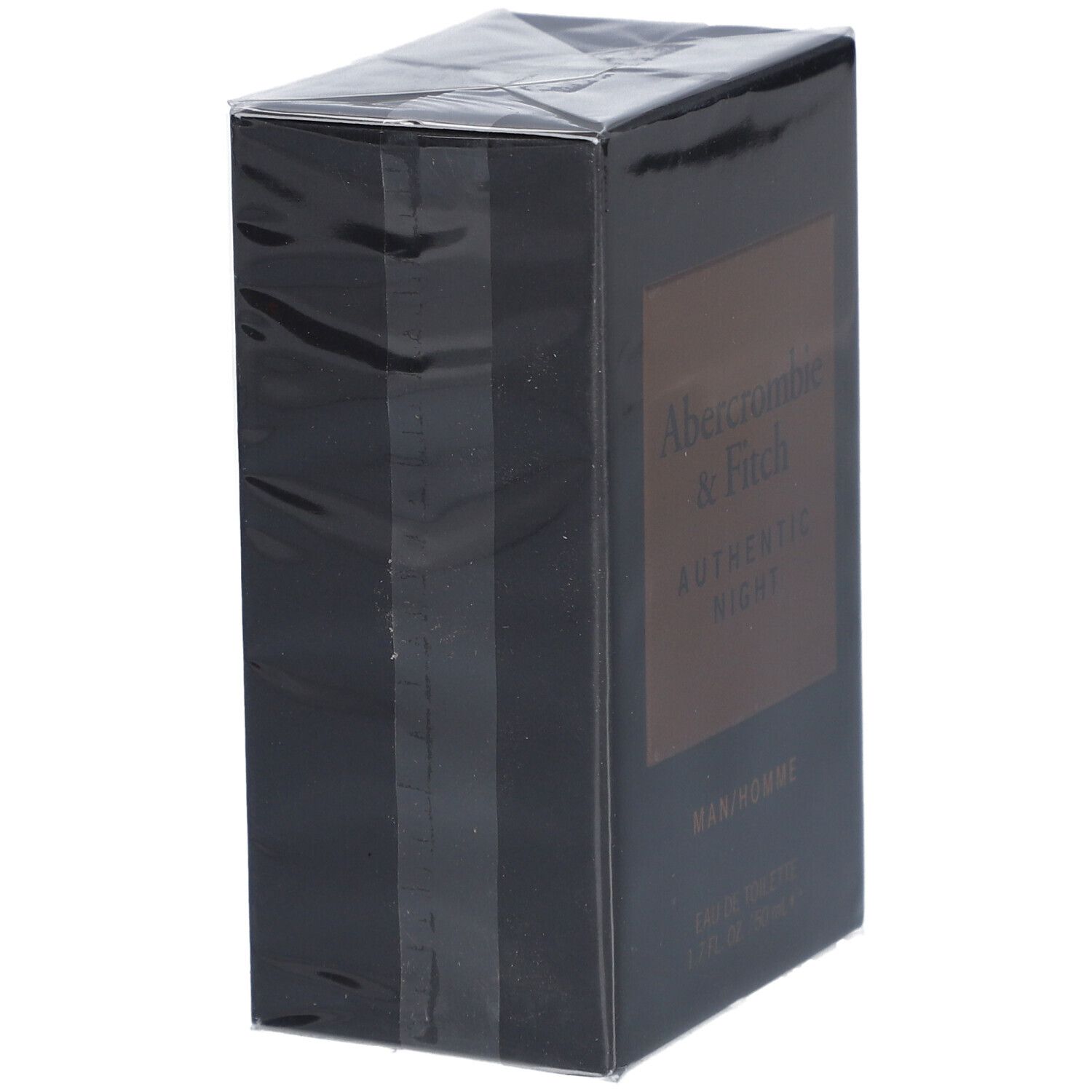 Schwarzer Karton mit Abercrombie & Fitch Authentic Night. Verpackt in Folie. Aufschrift: MAN/HOMME, Eau de Toilette.