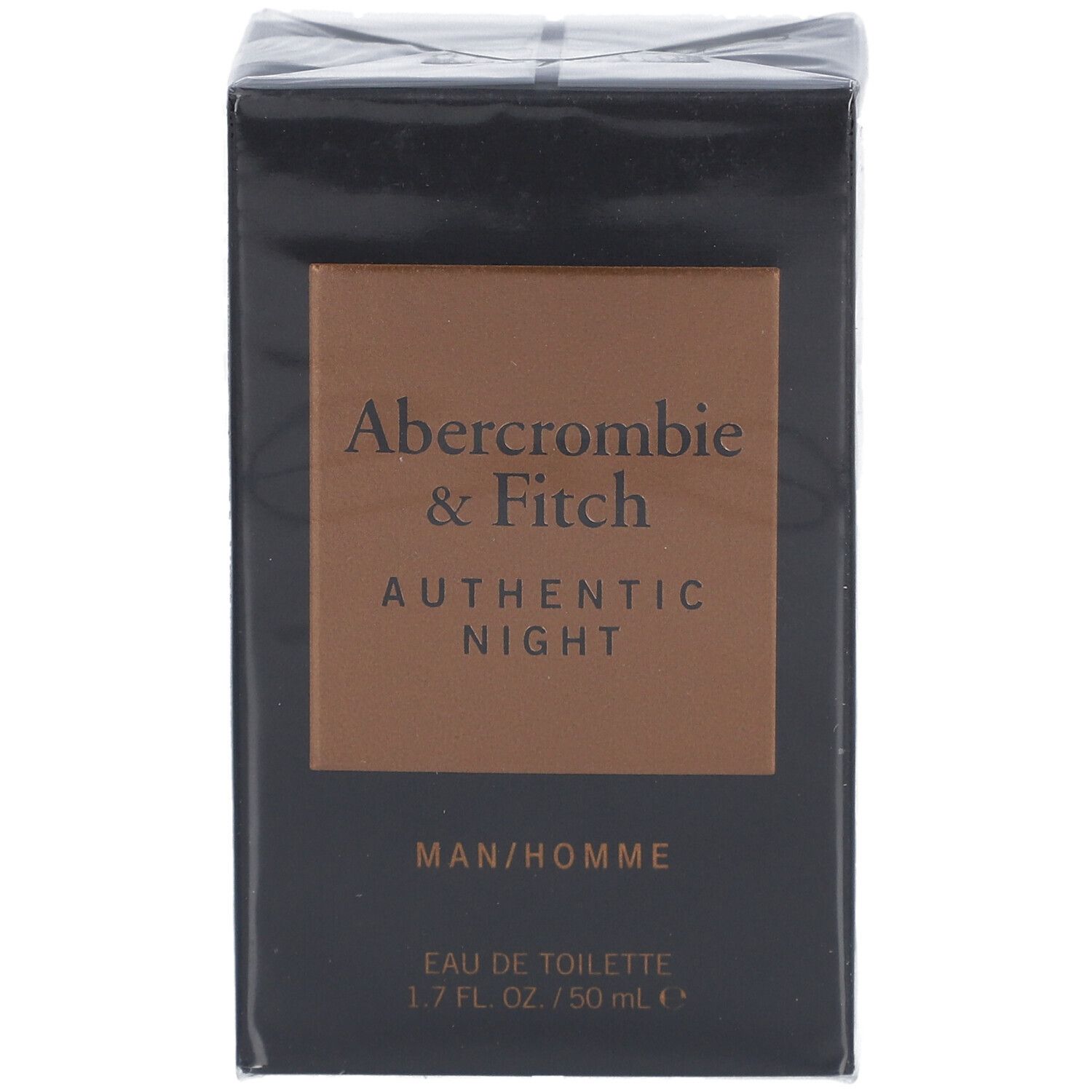 Schwarzer Karton mit Abercrombie & Fitch Authentic Night. Aufschrift: MAN/HOMME, Eau de Toilette, 1.7 FL. OZ. / 50 mL.