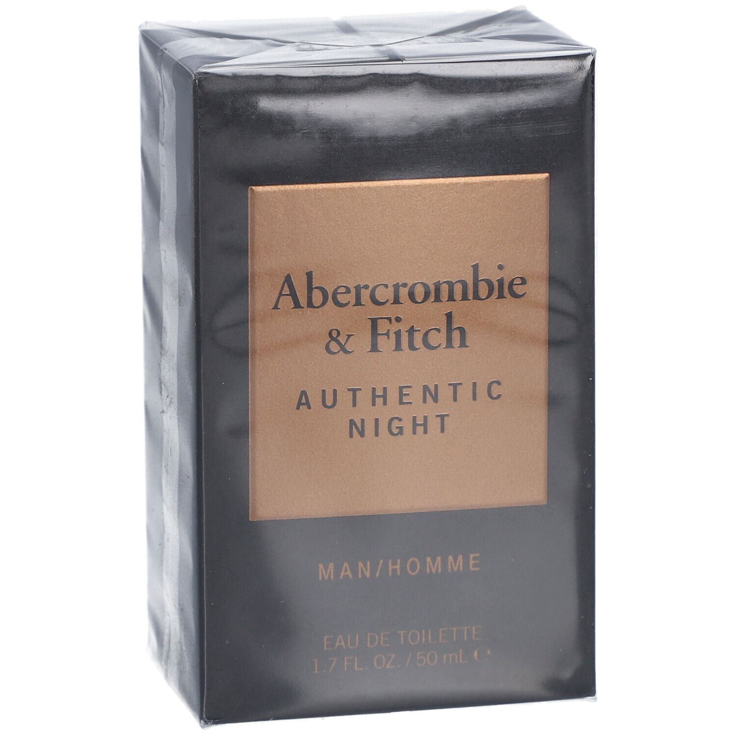 Schwarzer Karton mit Abercrombie & Fitch Authentic Night. Aufschrift: MAN/HOMME, Eau de Toilette, 1.7 FL. OZ. / 50 mL.