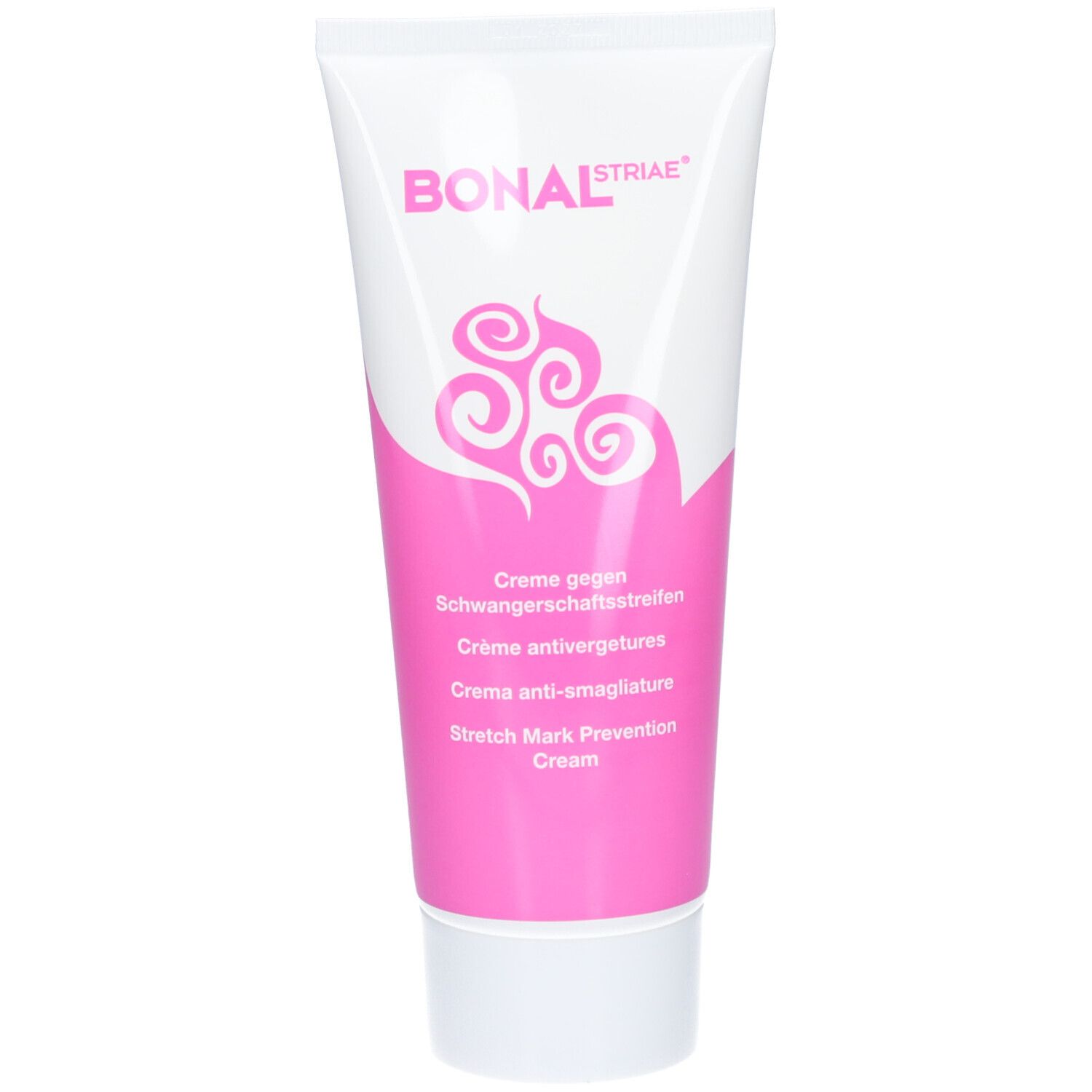 Tube blanc avec accents roses. Inscription BONAL Striae et nom du produit. Contient une crème contre les vergetures.