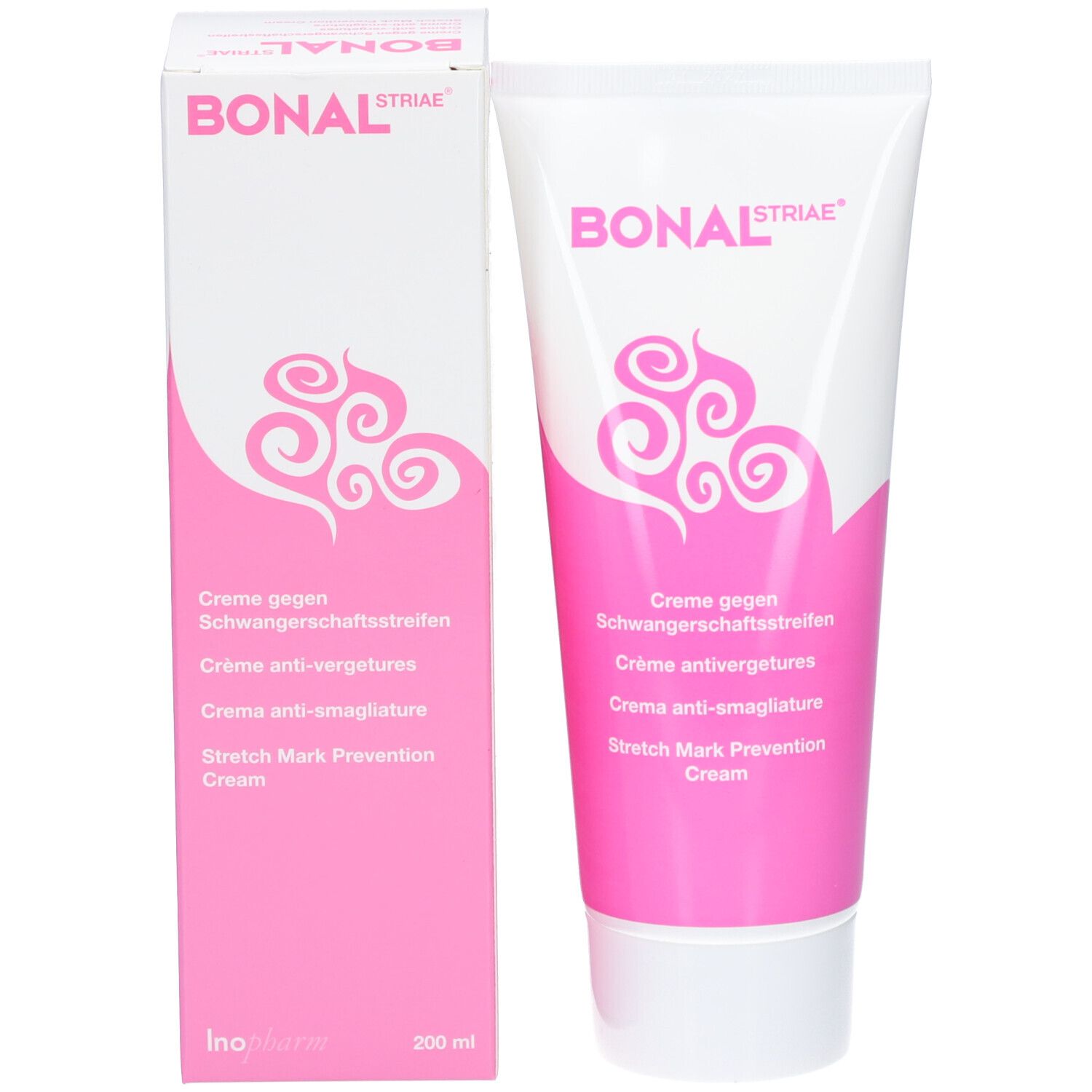 Emballage du produit avec tube et carton. Tube et carton en blanc et rose. Inscription BONAL Striae et nom du produit.