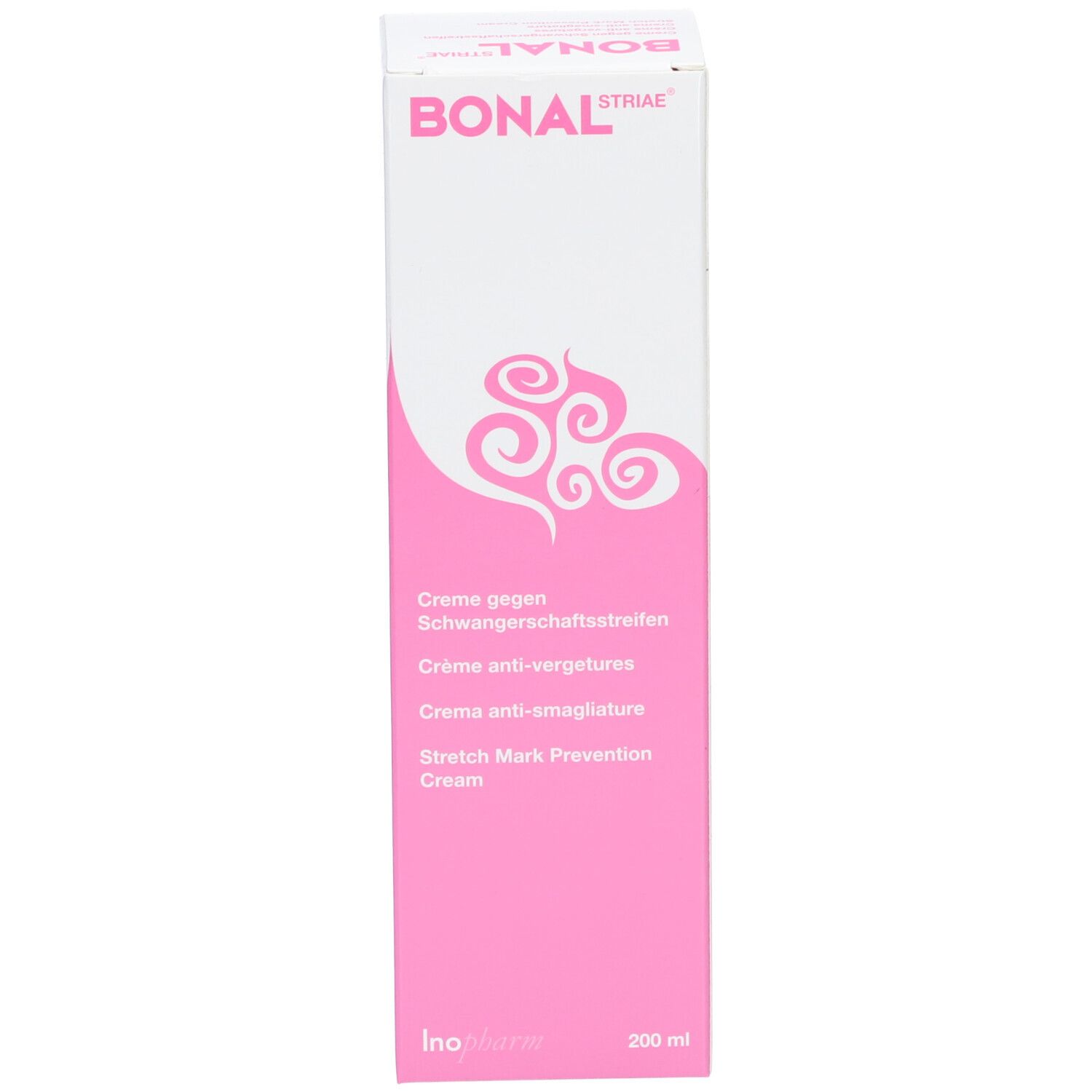 Emballage produit étroit et haut. Blanc avec des accents roses. Inscription BONAL Striae et nom du produit. 200 ml.