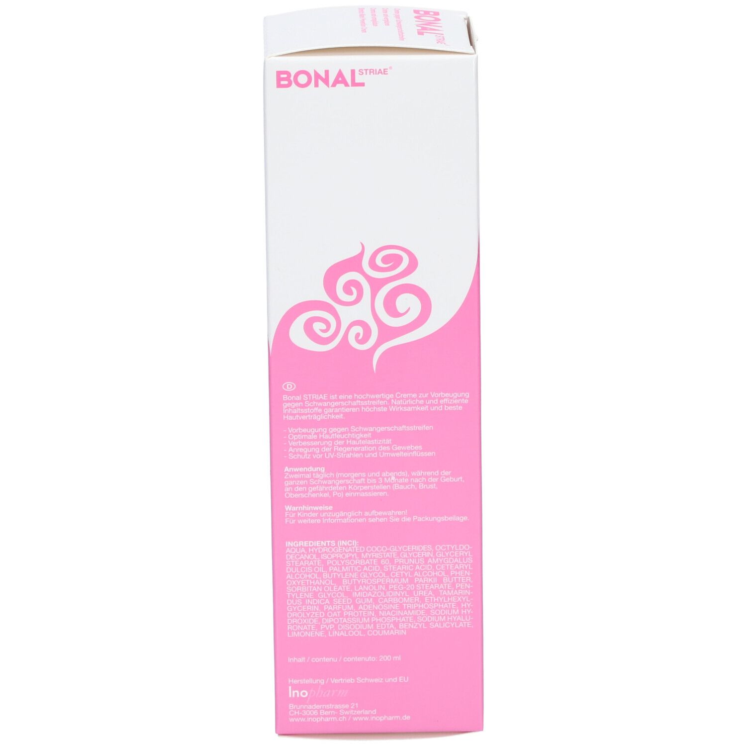 Dos de l'emballage du produit. Contient des informations sur le produit et le fabricant. Blanc avec des accents roses.