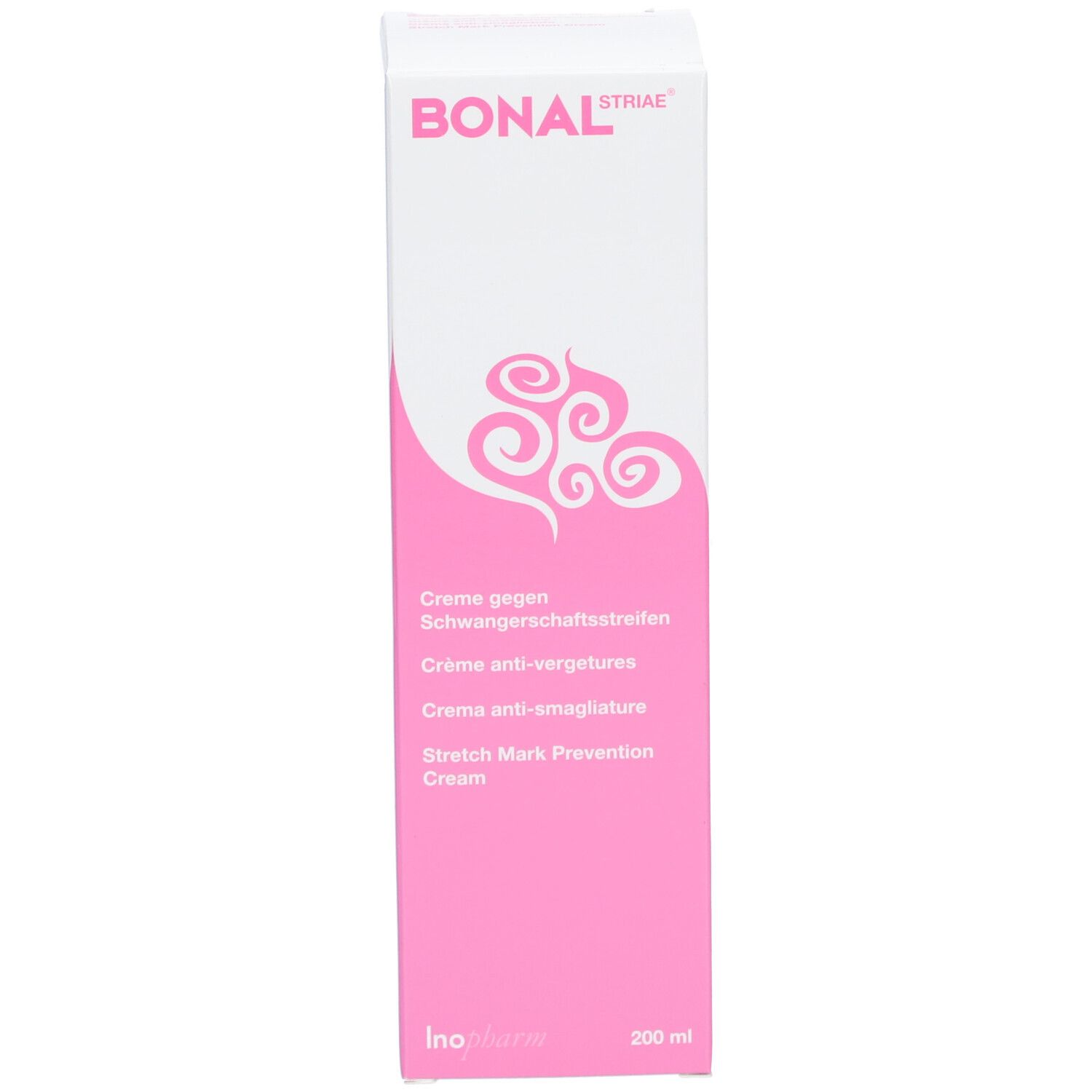 Emballage produit étroit et haut. Blanc avec des accents roses. Inscription BONAL Striae et nom du produit. 200 ml.