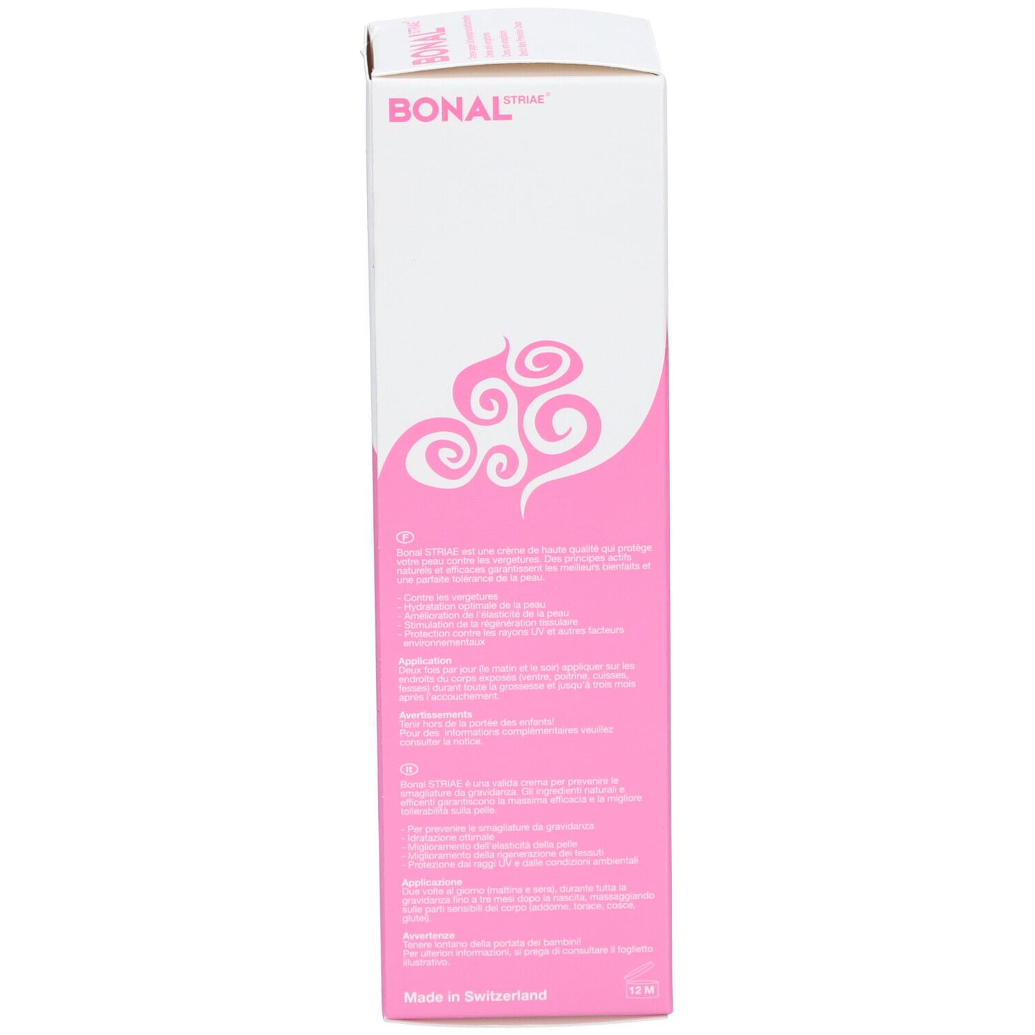 Dos de l'emballage du produit. Contient des informations sur le produit et le fabricant. Blanc avec des accents roses.