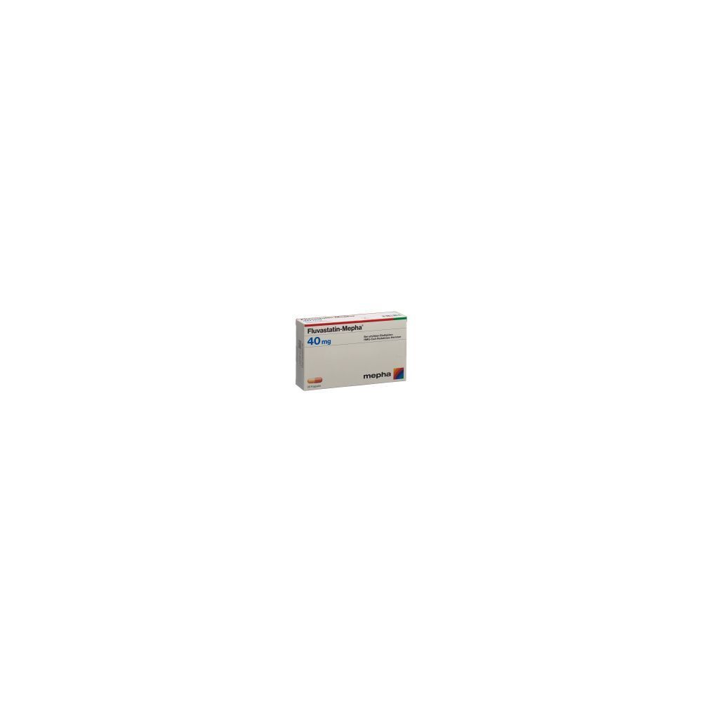 Karton FLUVASTATIN Mepha Kaps 40 mg. Aufschrift: 40 mg, Mepha. Weiß, rot und grün. Rechteckige Form.