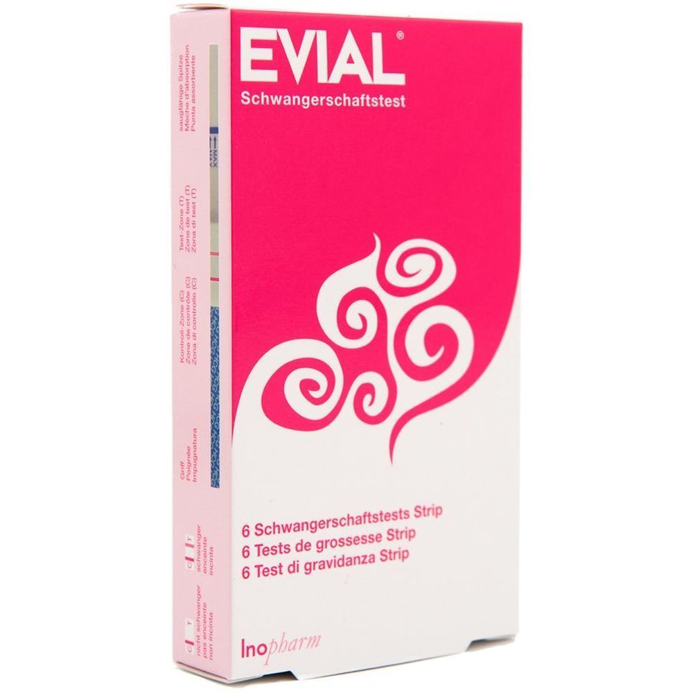 Rosa Schachtel mit "EVIAL Schwangerschaftstest". Enthält 6 Teststreifen. Inopharma Logo unten.
