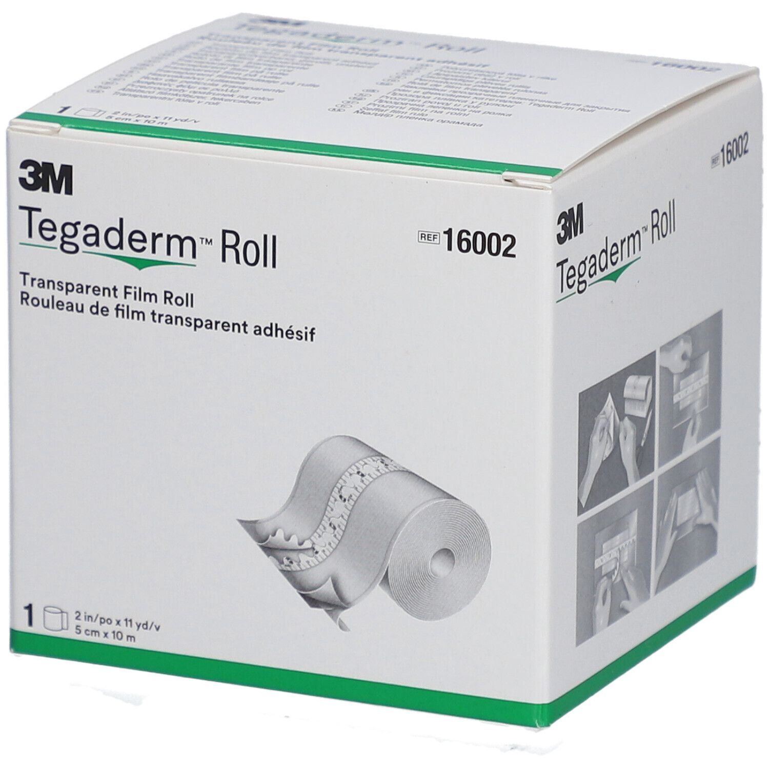 3M Tegaderm Roll, transparente Folienrolle. Verpackung mit Produktabbildung und Größenangabe: 5 cm x 10 m.